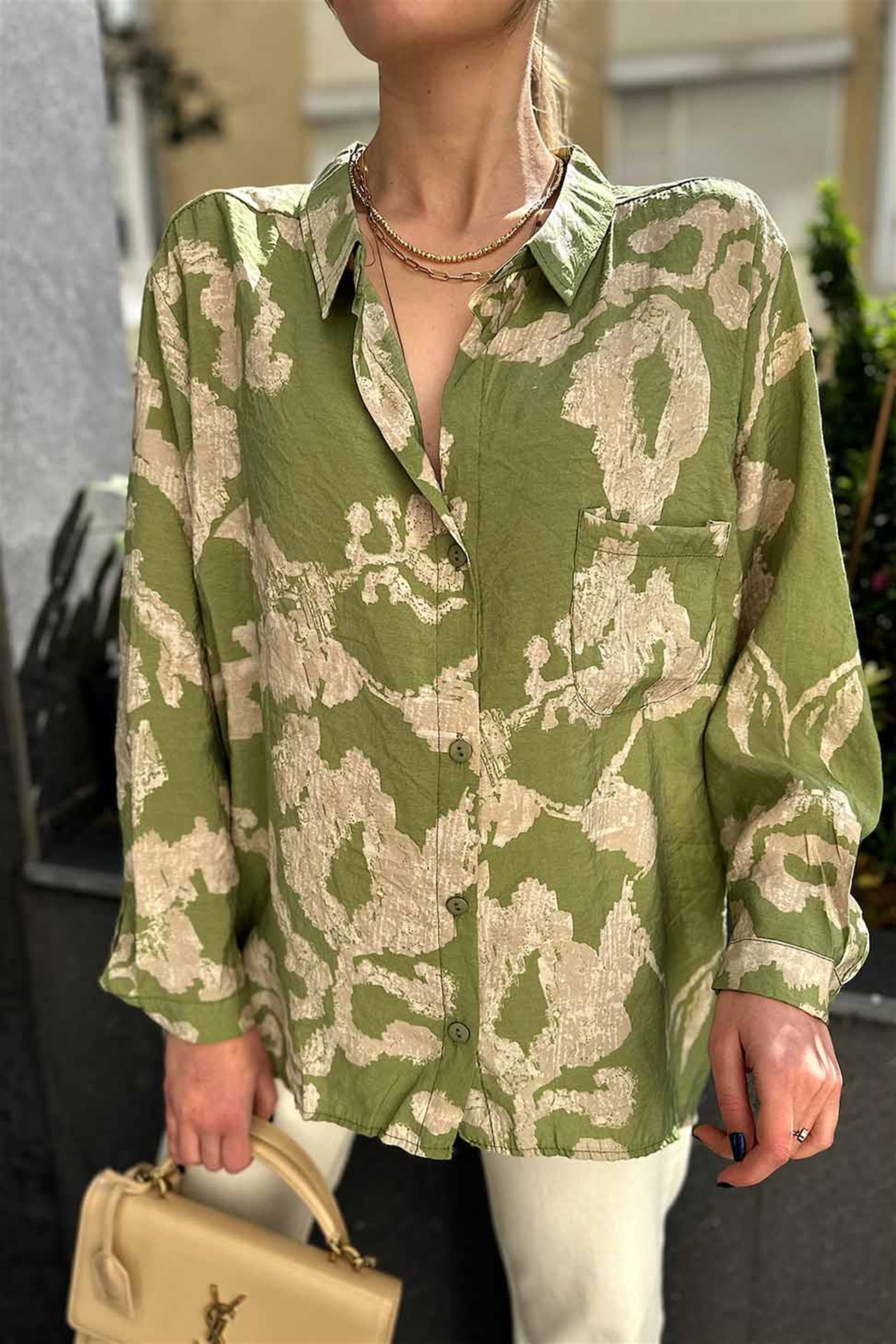 Viskon Kumaş Desenli Oversize Salaş Gömlek Haki
