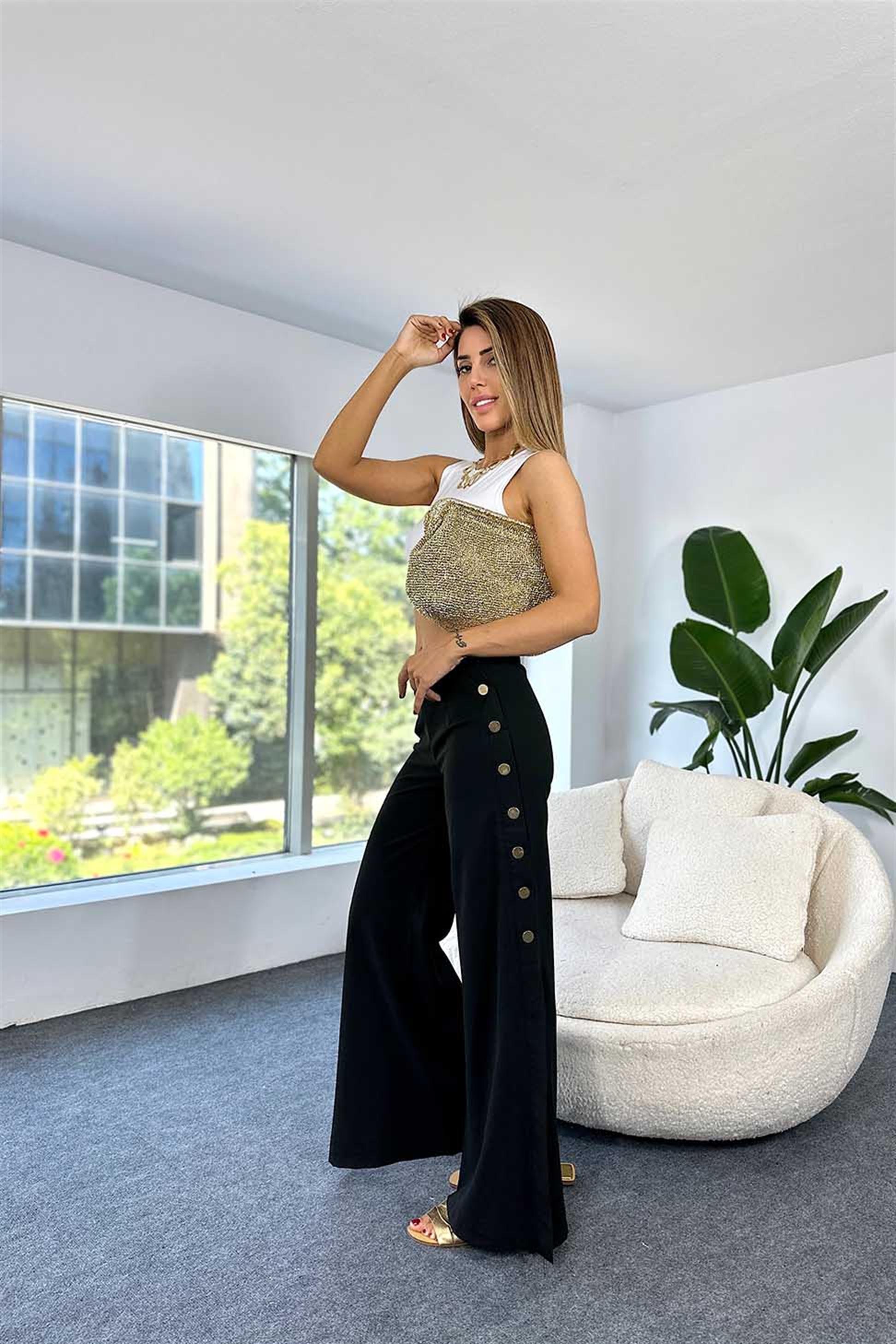 Viskon Kumaş Düğme Detay Yırtmaçlı Pantalon Siyah