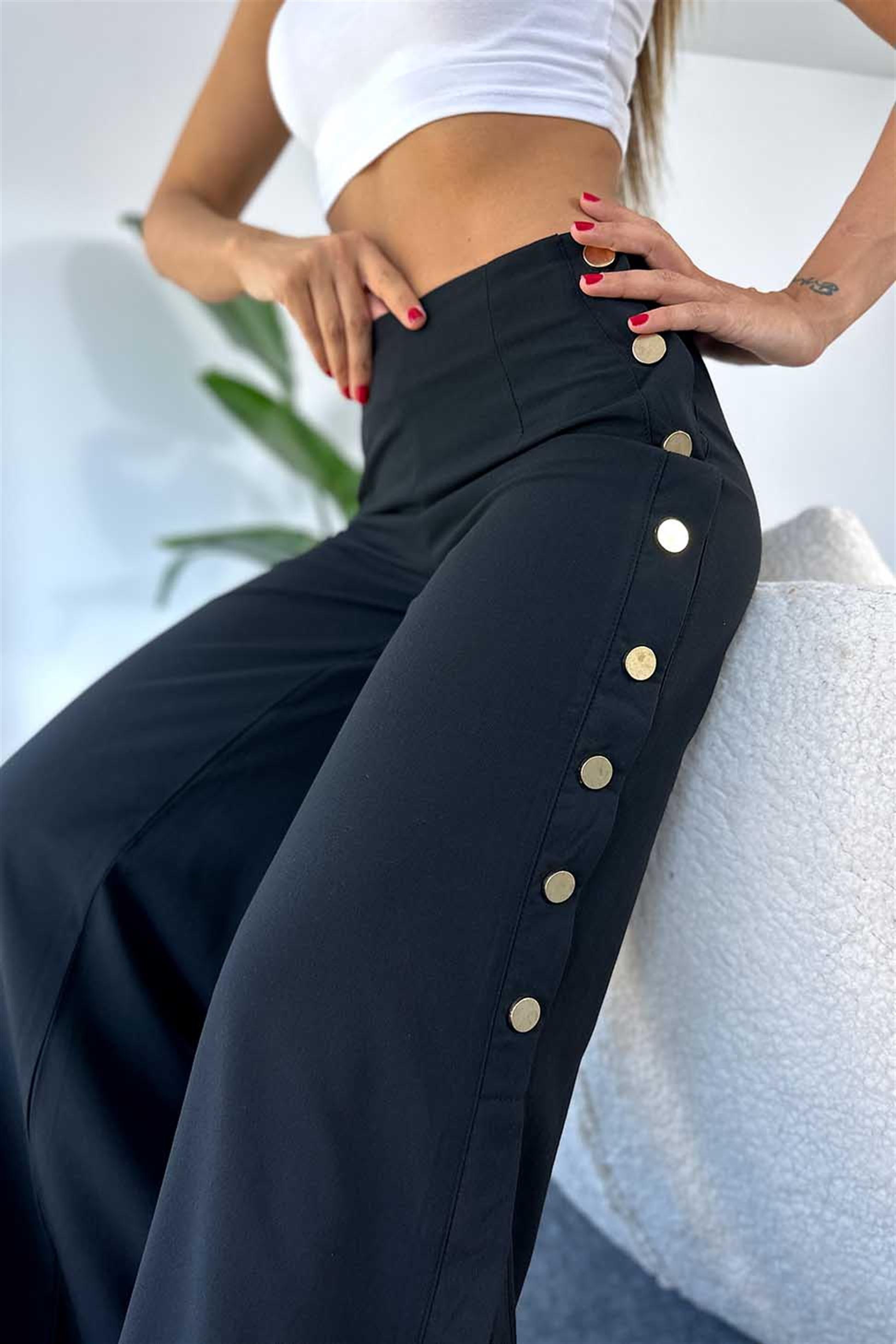 Viskon Kumaş Düğme Detay Yırtmaçlı Pantalon Siyah