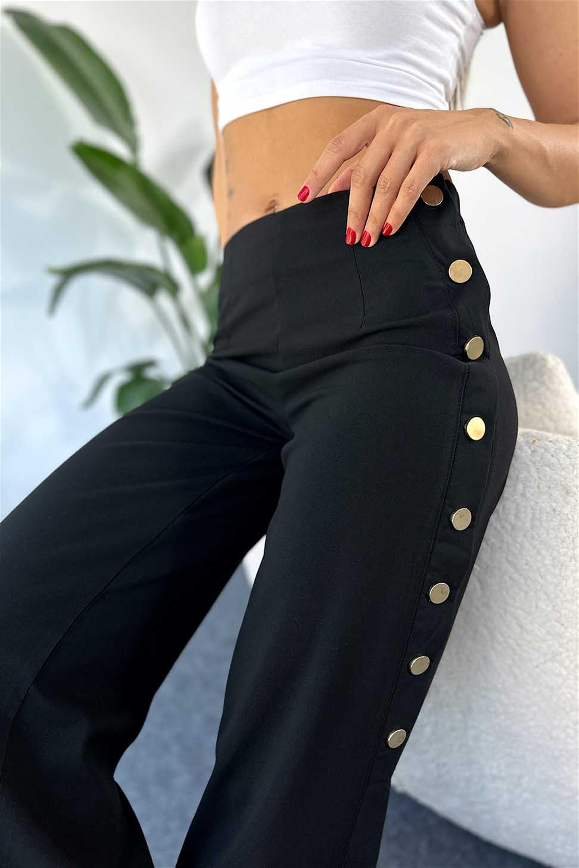 Viskon Kumaş Düğme Detay Yırtmaçlı Pantalon Siyah