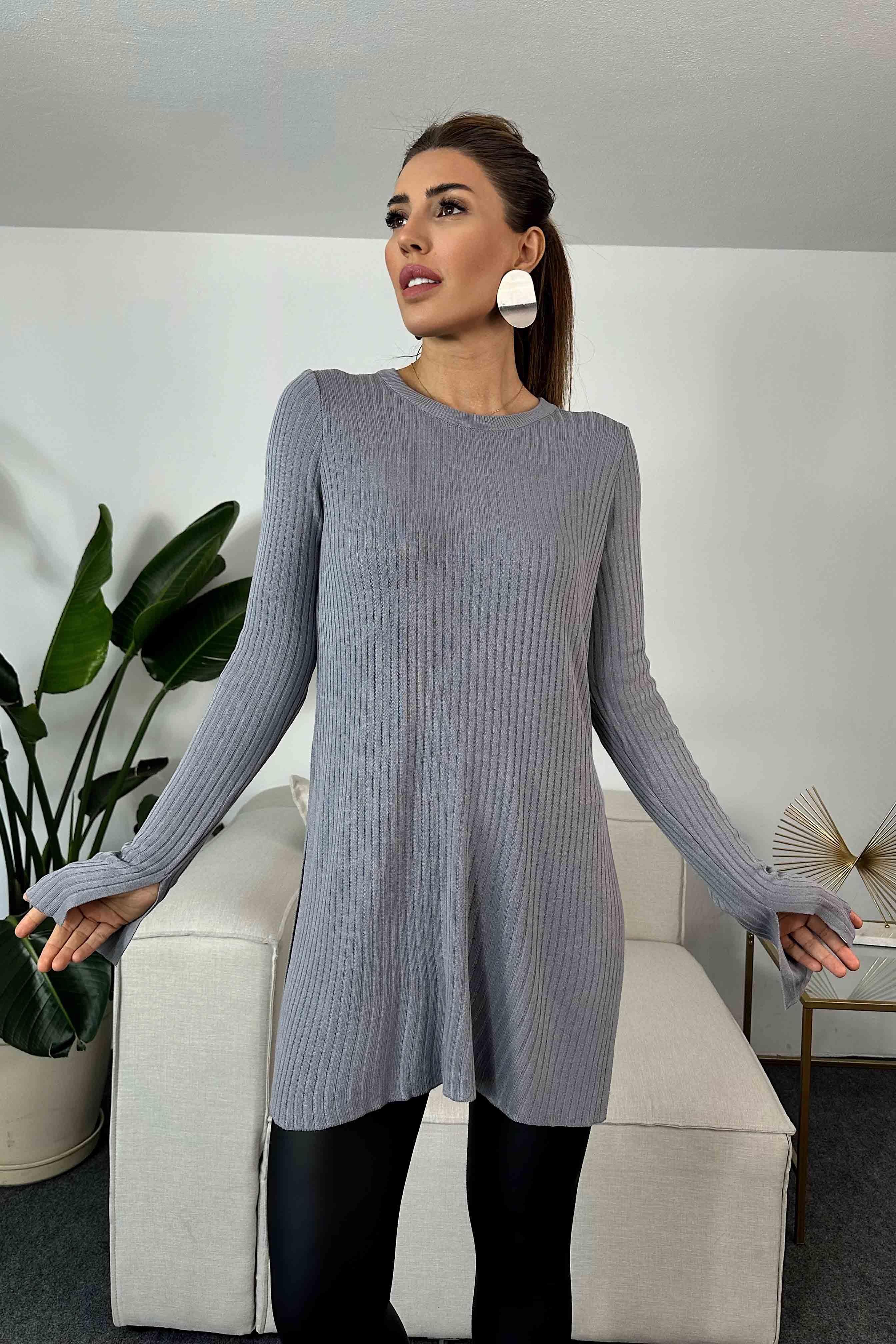 Viskon Kumaş Örme Fitilli Yırtmaç Detay Uzun Bluz Gri