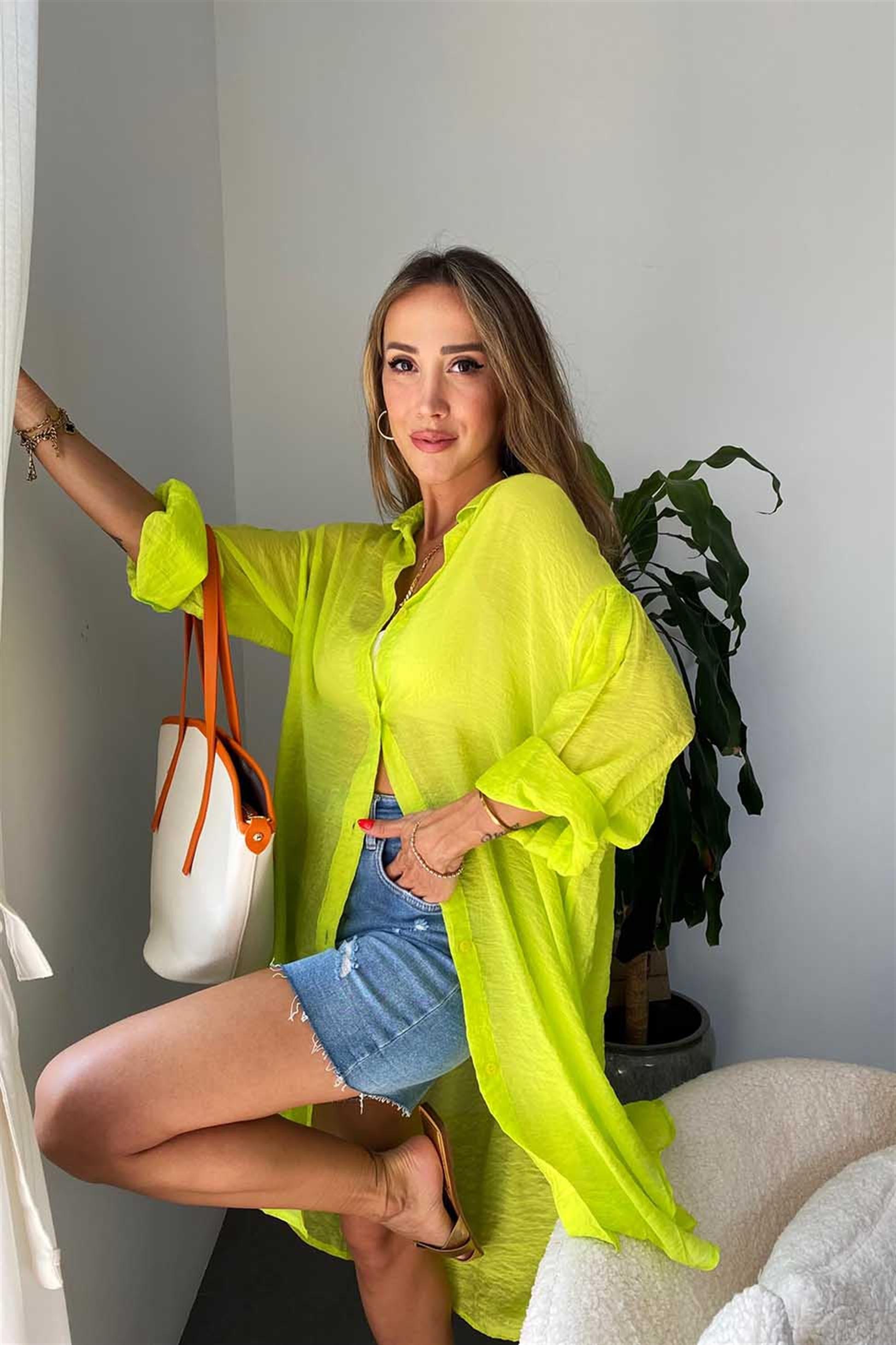 Viskon Kumaş Oversize Pareo Gömlek Neon Sarı