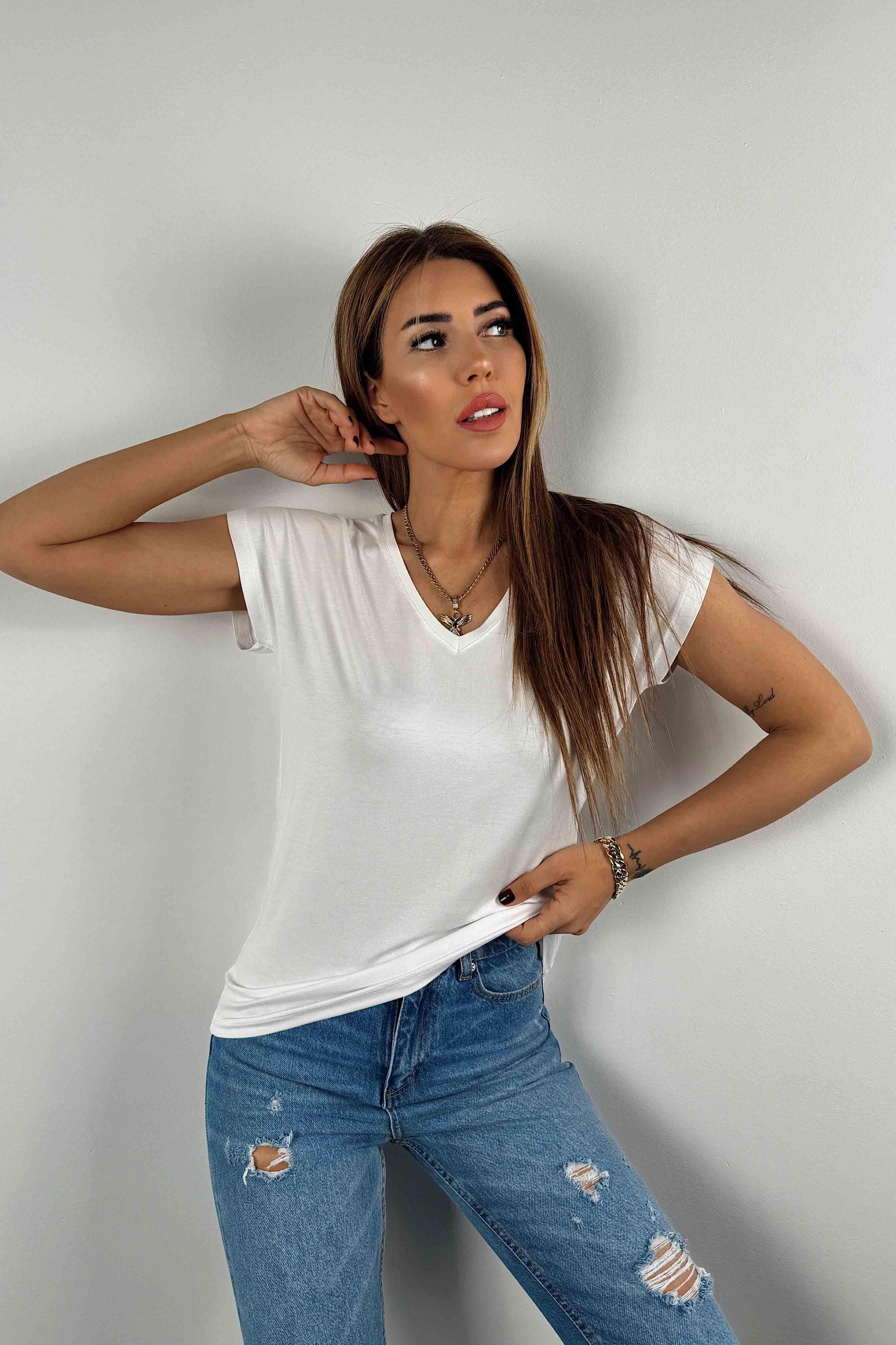 Viskon Kumaş V Yaka Basic Tişört Beyaz