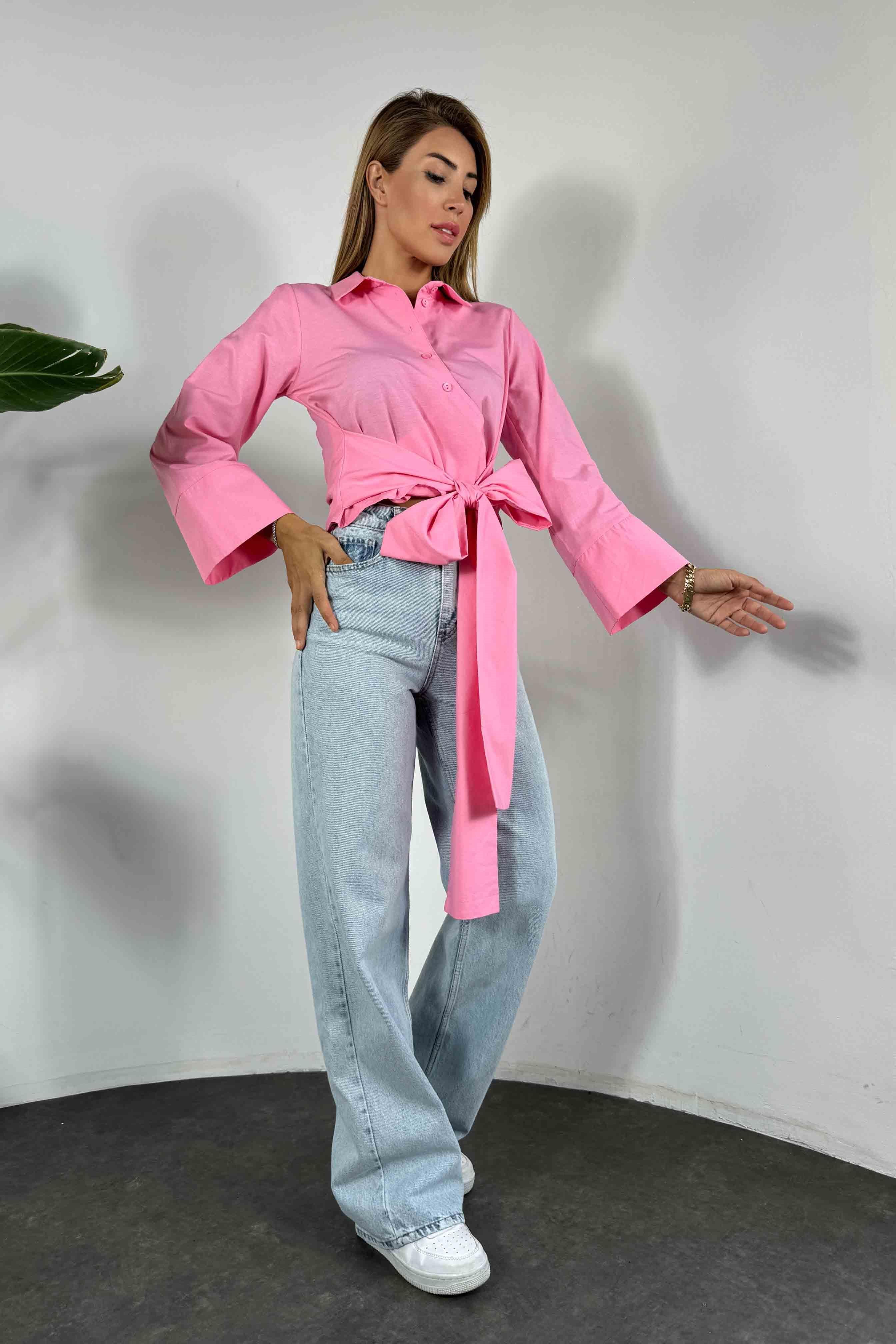 Viskon Kumaş Yandan Bağlamalı Crop Gömlek Pembe
