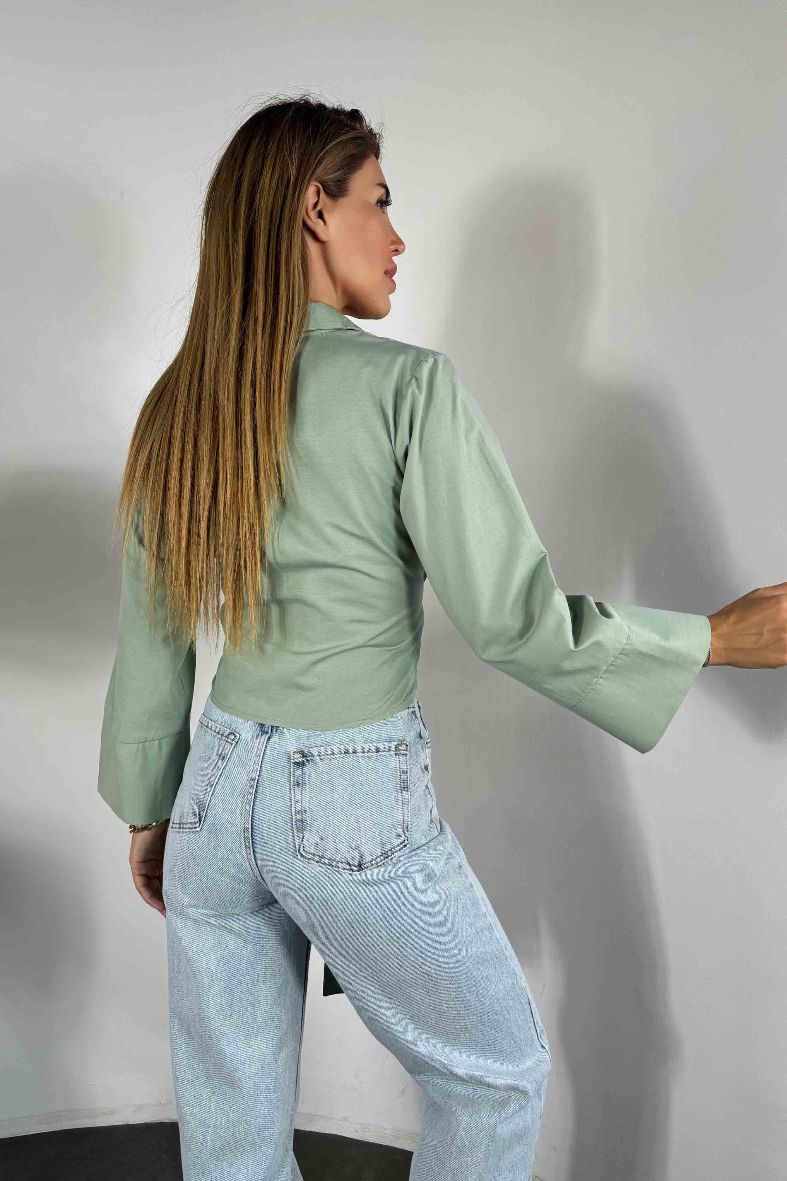 Viskon Kumaş Yandan Bağlamalı Crop Gömlek Mint