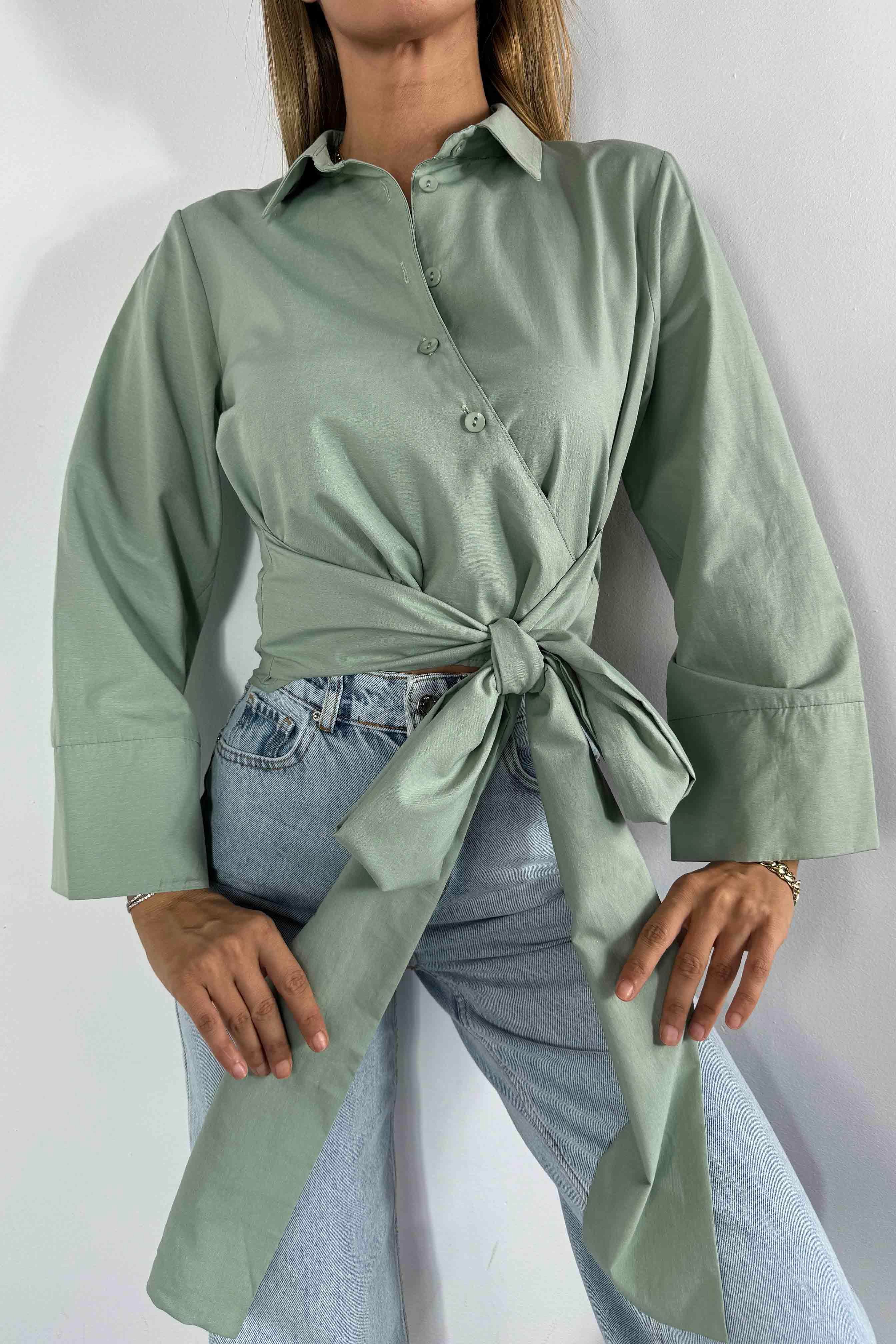 Viskon Kumaş Yandan Bağlamalı Crop Gömlek Mint