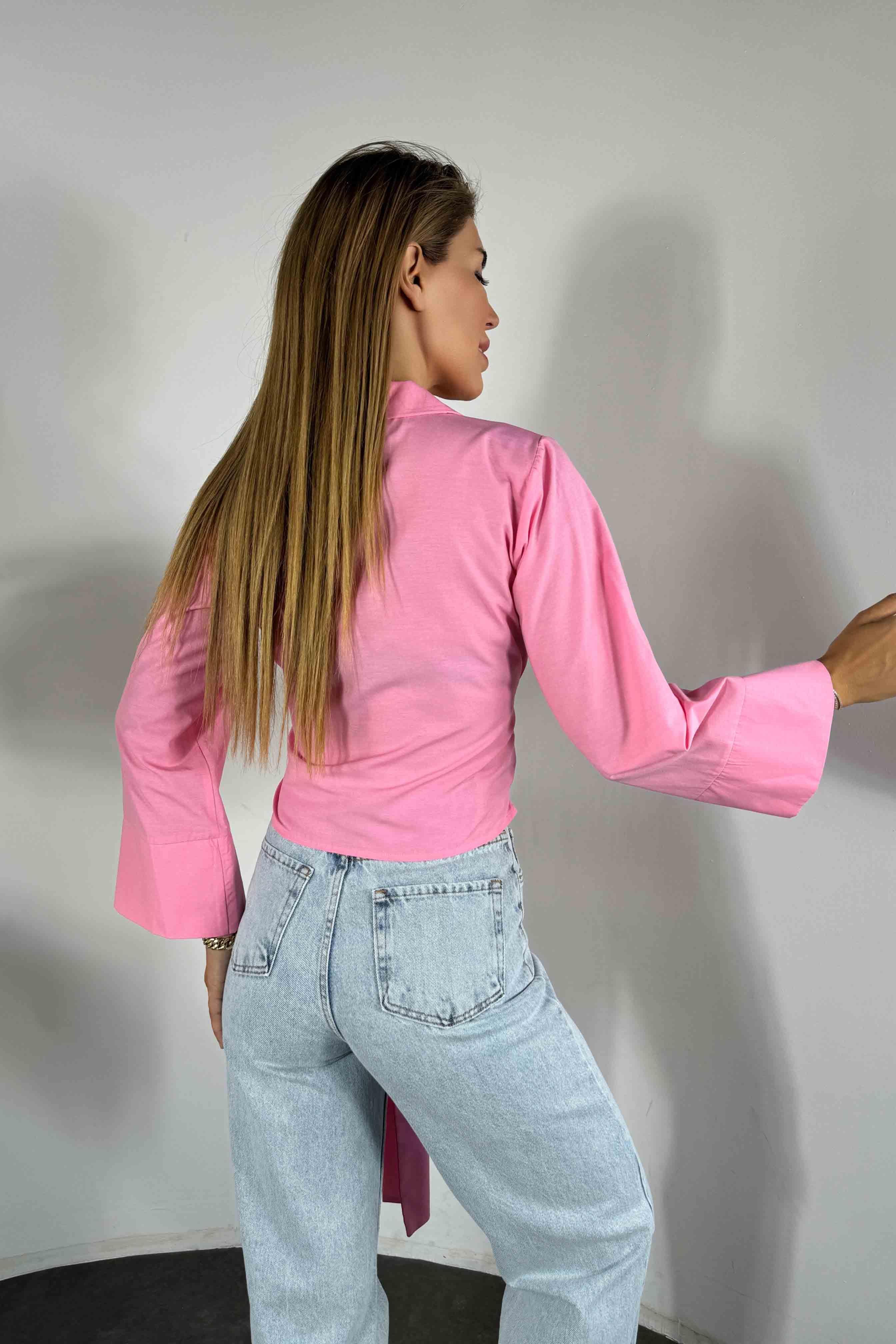 Viskon Kumaş Yandan Bağlamalı Crop Gömlek Pembe
