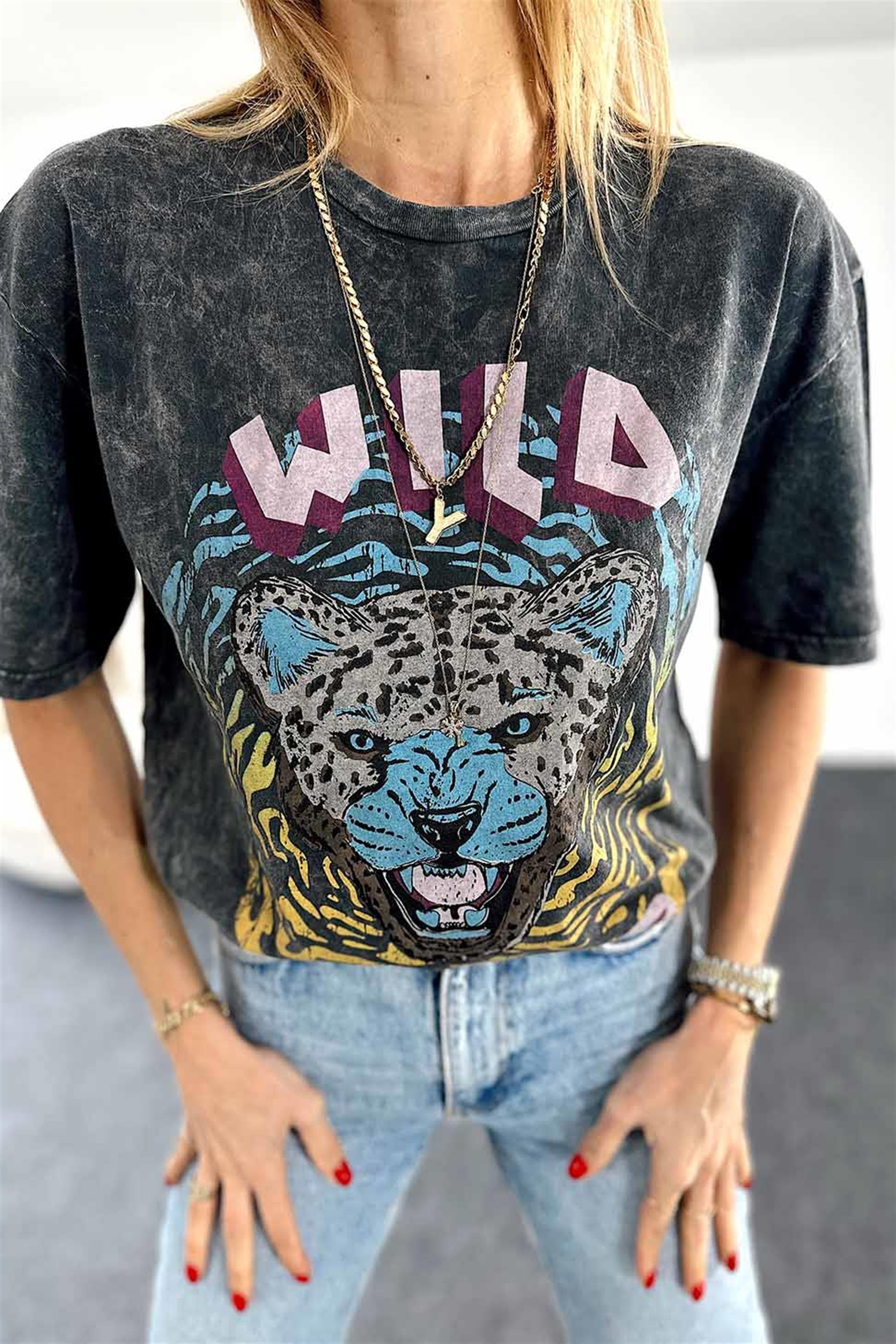 Wild Leopar Baskılı Yıkamalı Tişört Antrasit