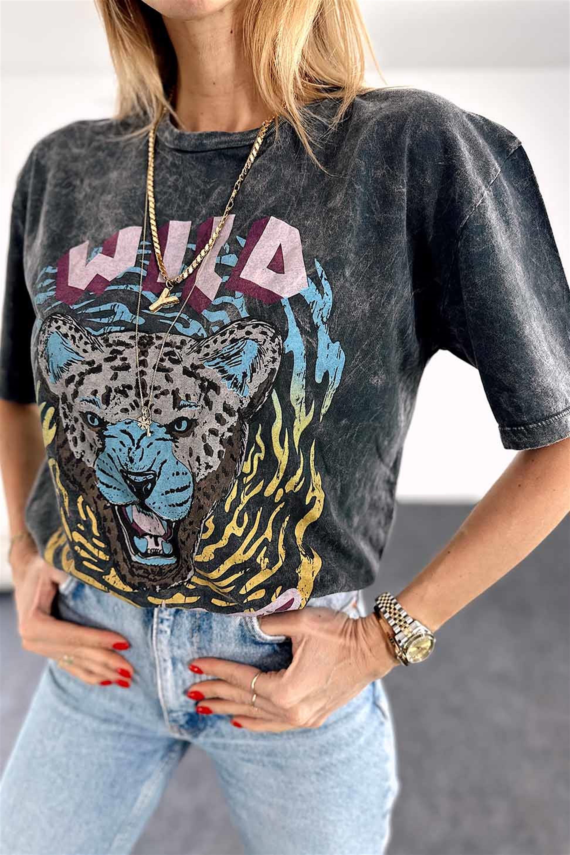 Wild Leopar Baskılı Yıkamalı Tişört Antrasit