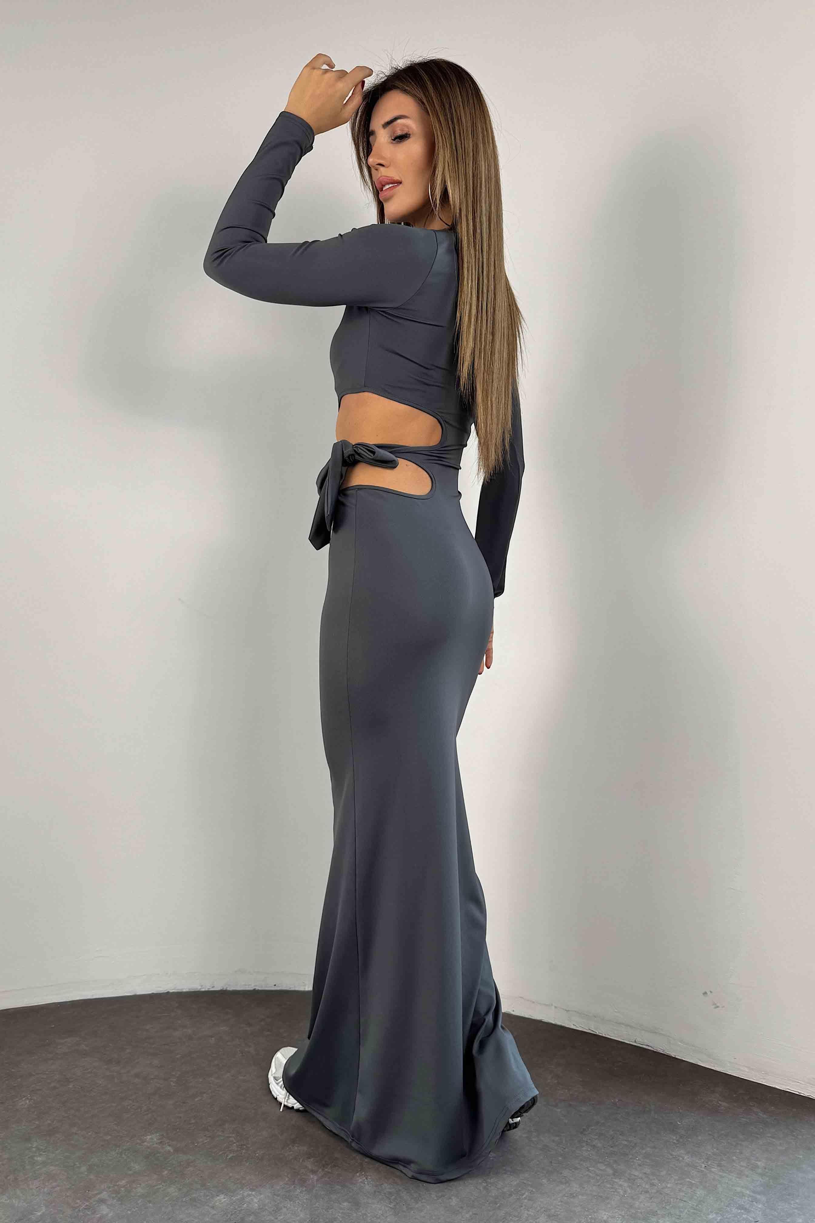 Yandan Dekolteli Maxi Elbise Antrasit