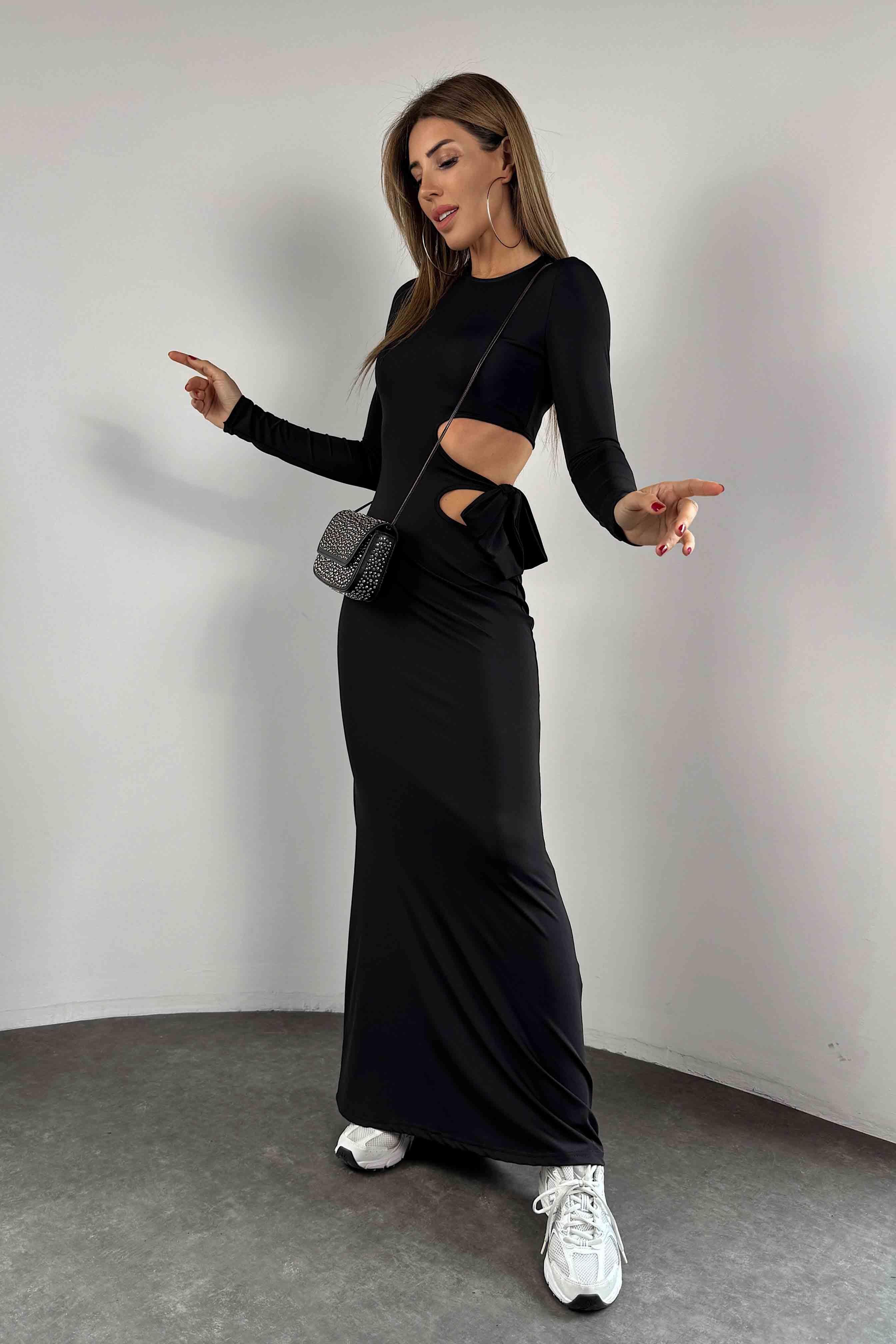 Yandan Dekolteli Maxi Elbise Siyah