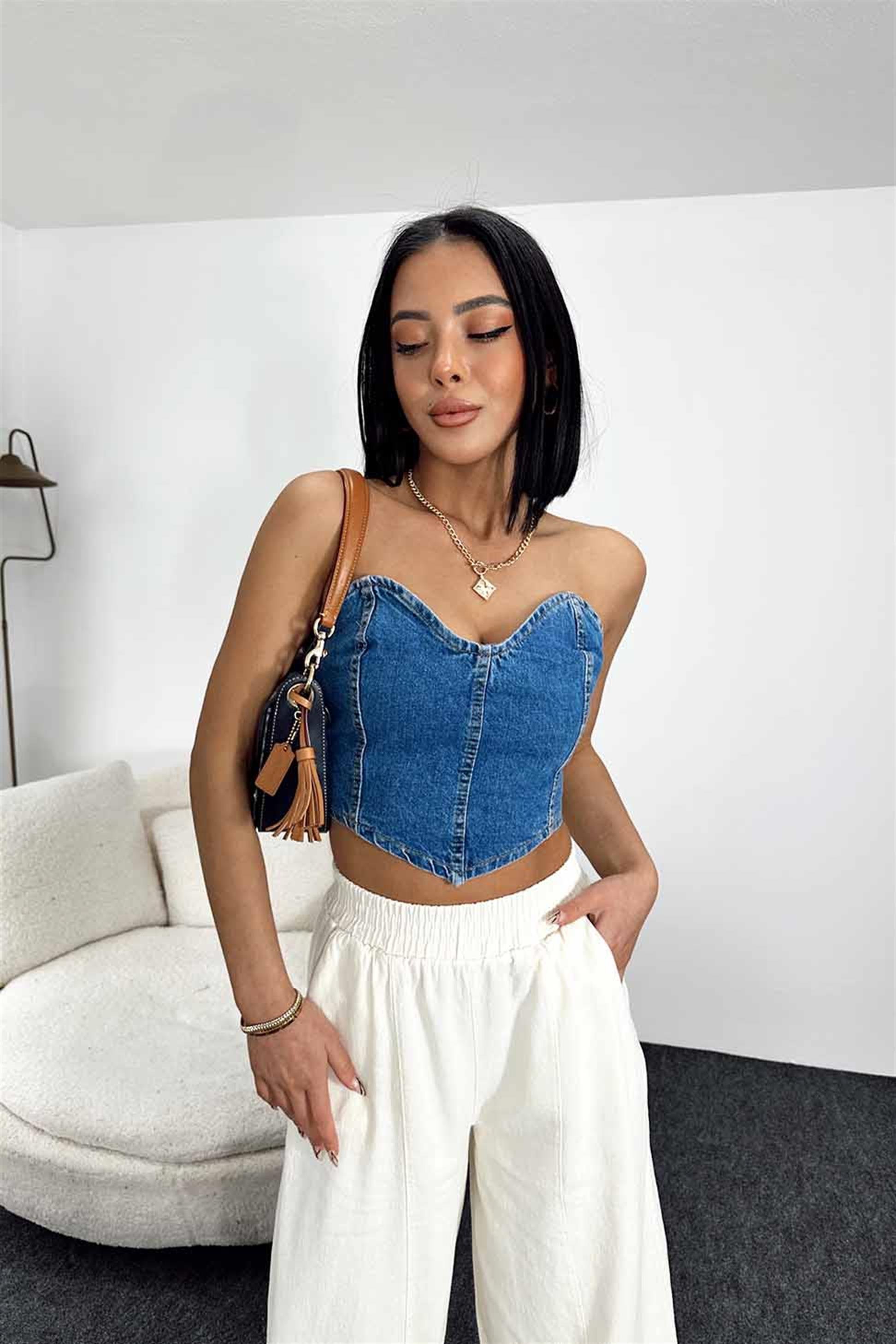 Yandan Fermuarlı Denim Crop Büstiyer Mavi