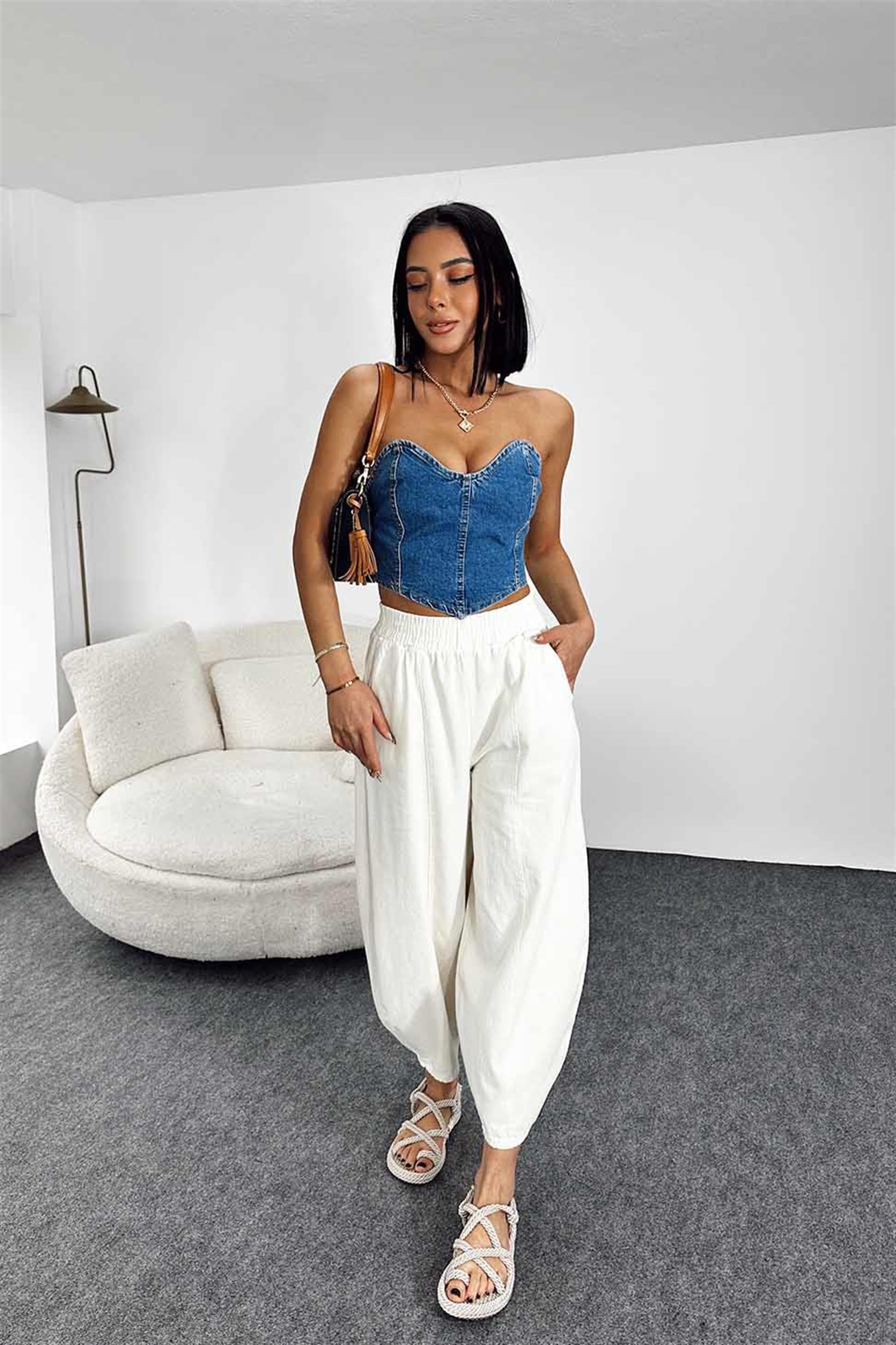 Yandan Fermuarlı Denim Crop Büstiyer Mavi