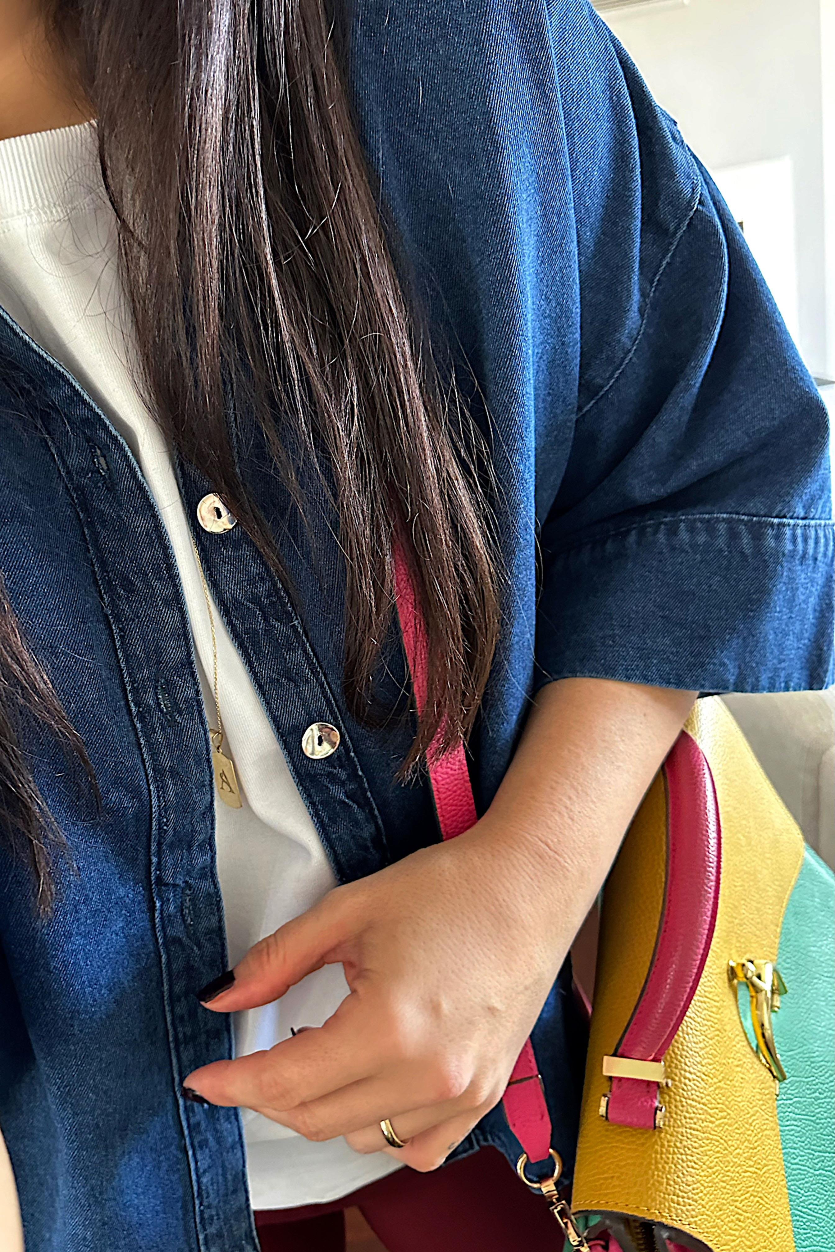 Yarasa Kol Önden Düğmeli Denim Gömlek Koyu Mavi
