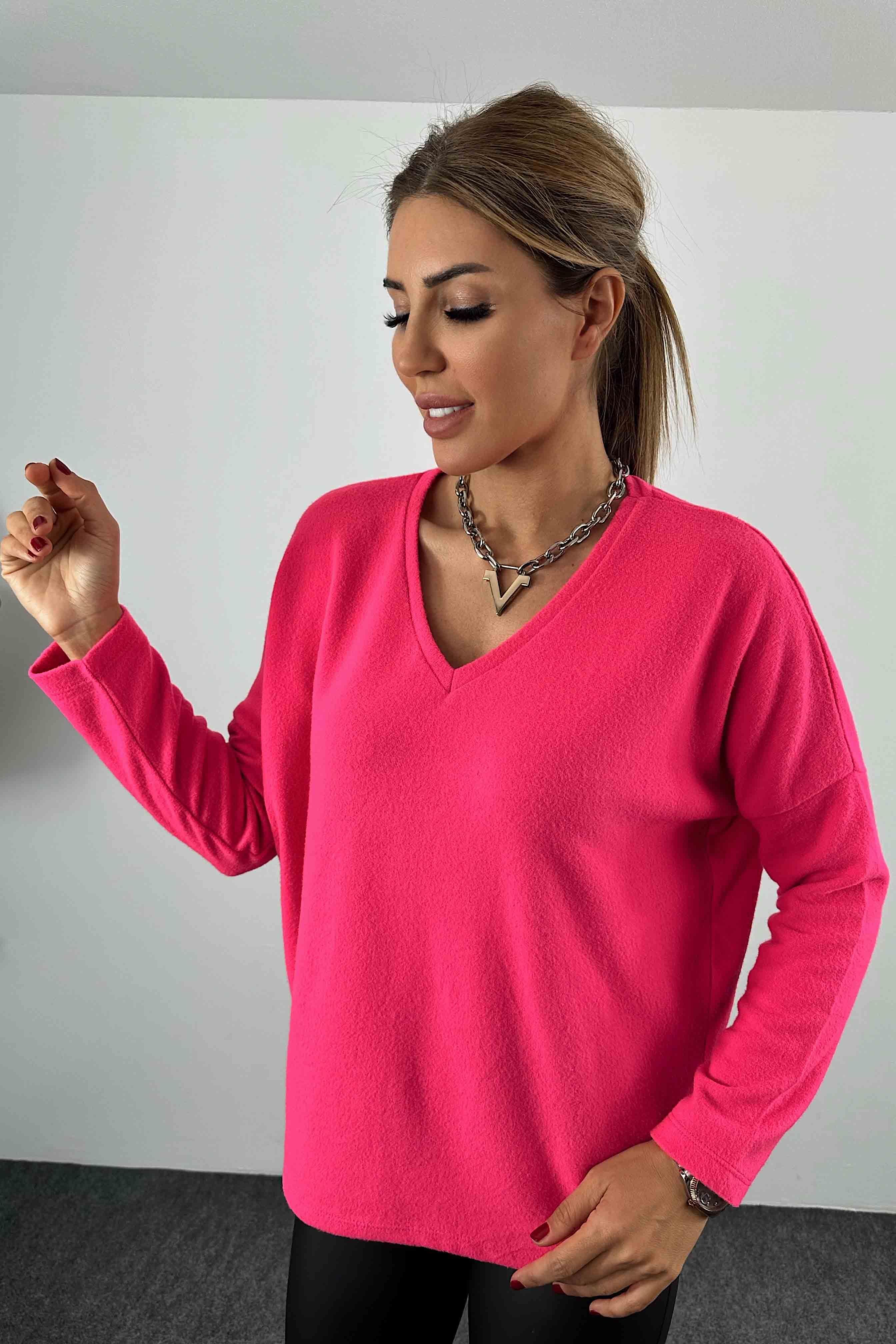 Yarasa Kol V Yaka Kadın Bluz Neon Pembe