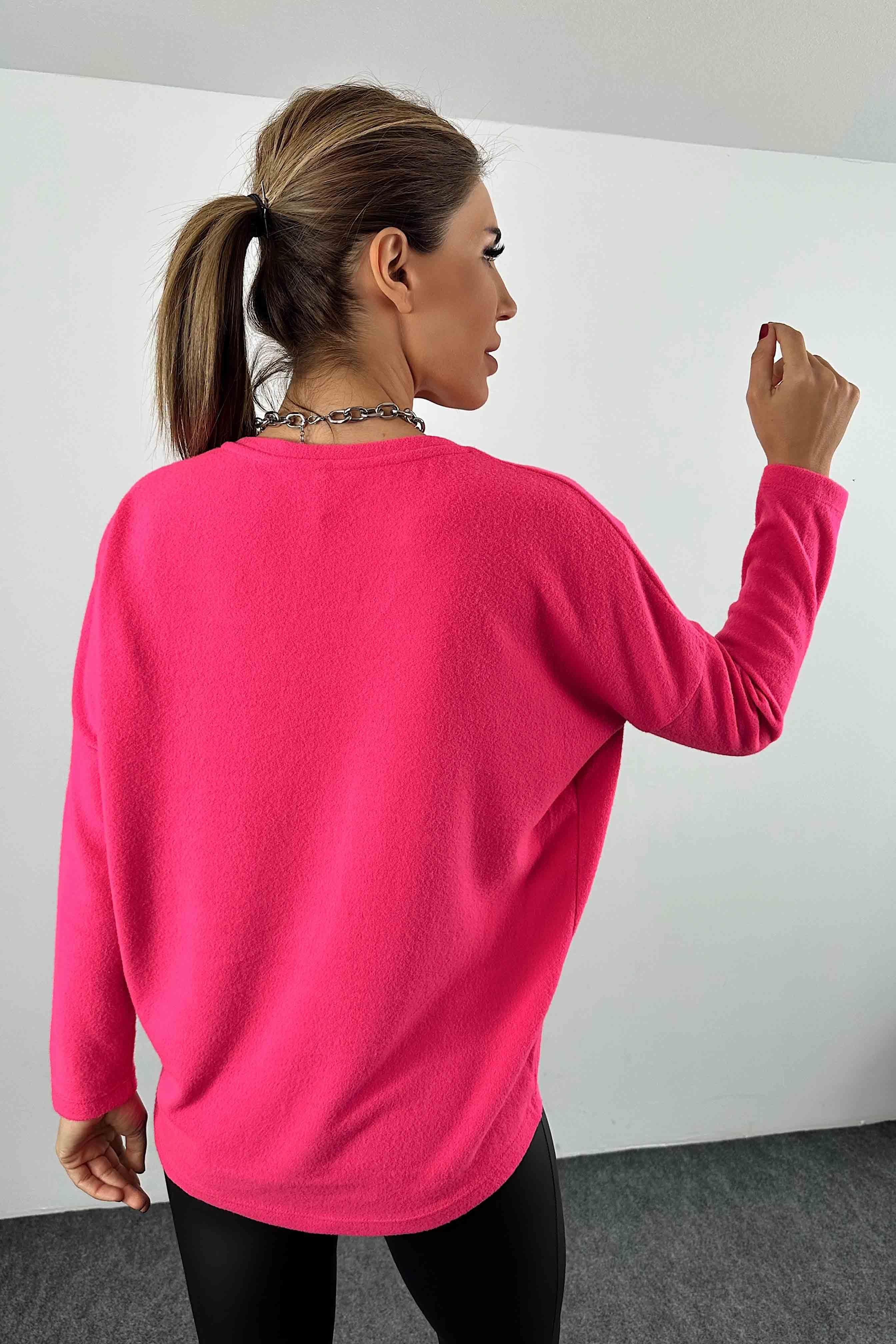 Yarasa Kol V Yaka Kadın Bluz Neon Pembe