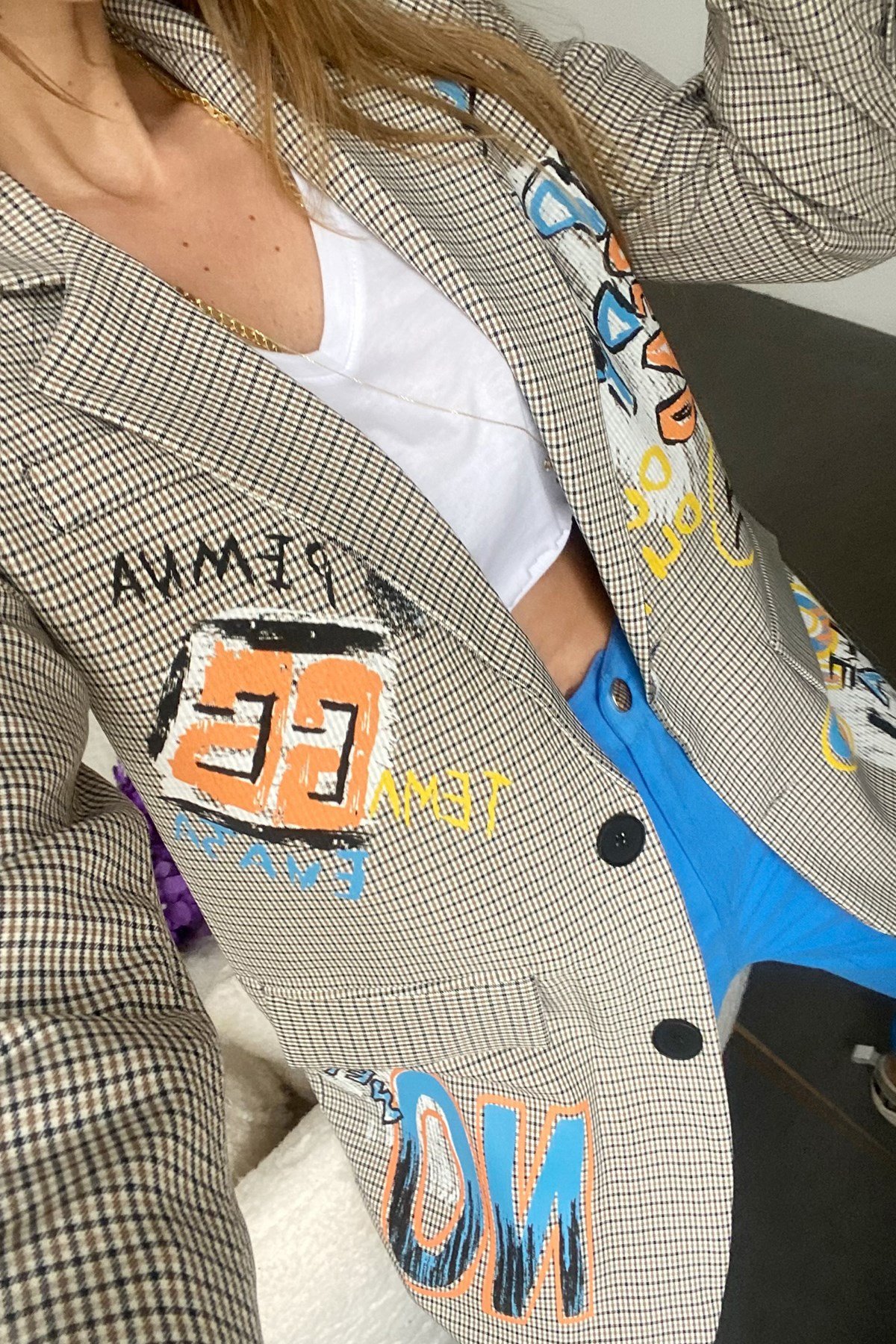Yazı Detay Mini Kareli Tasarım Blazer Ceket