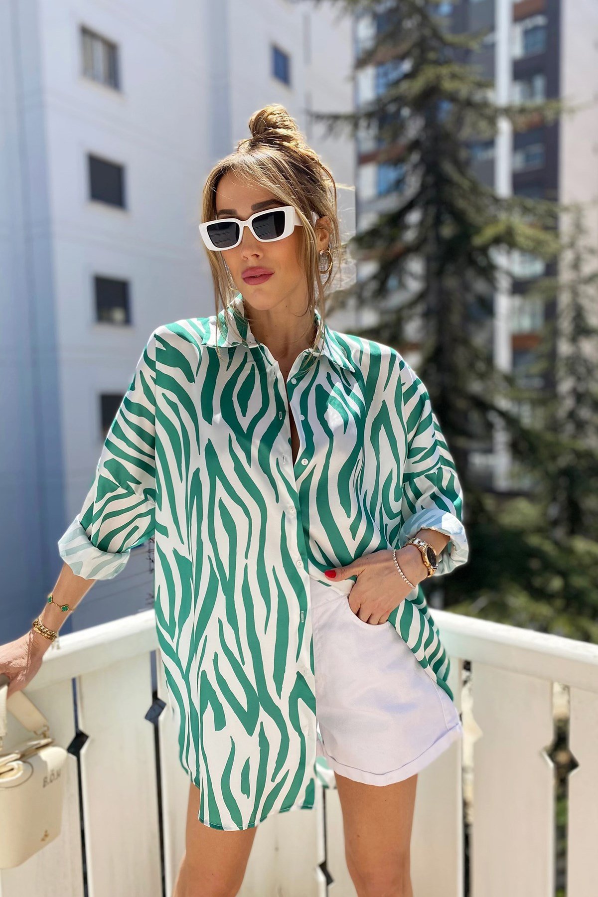 Yeşil Mavi Zebra Desen Oversize Mix Gömlek