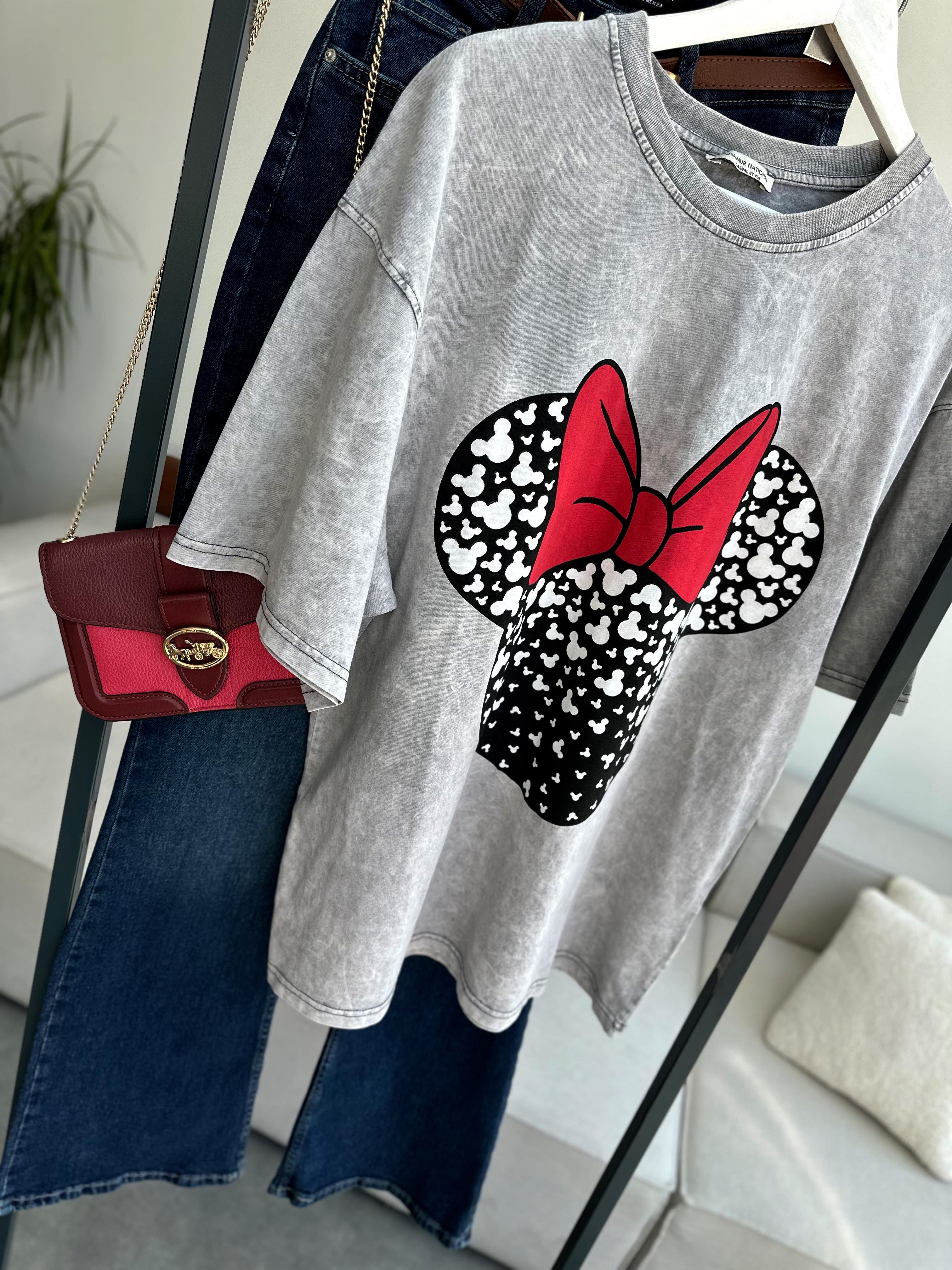 Yıkamalı Gri Minnie Mouse Baskılı Tişört