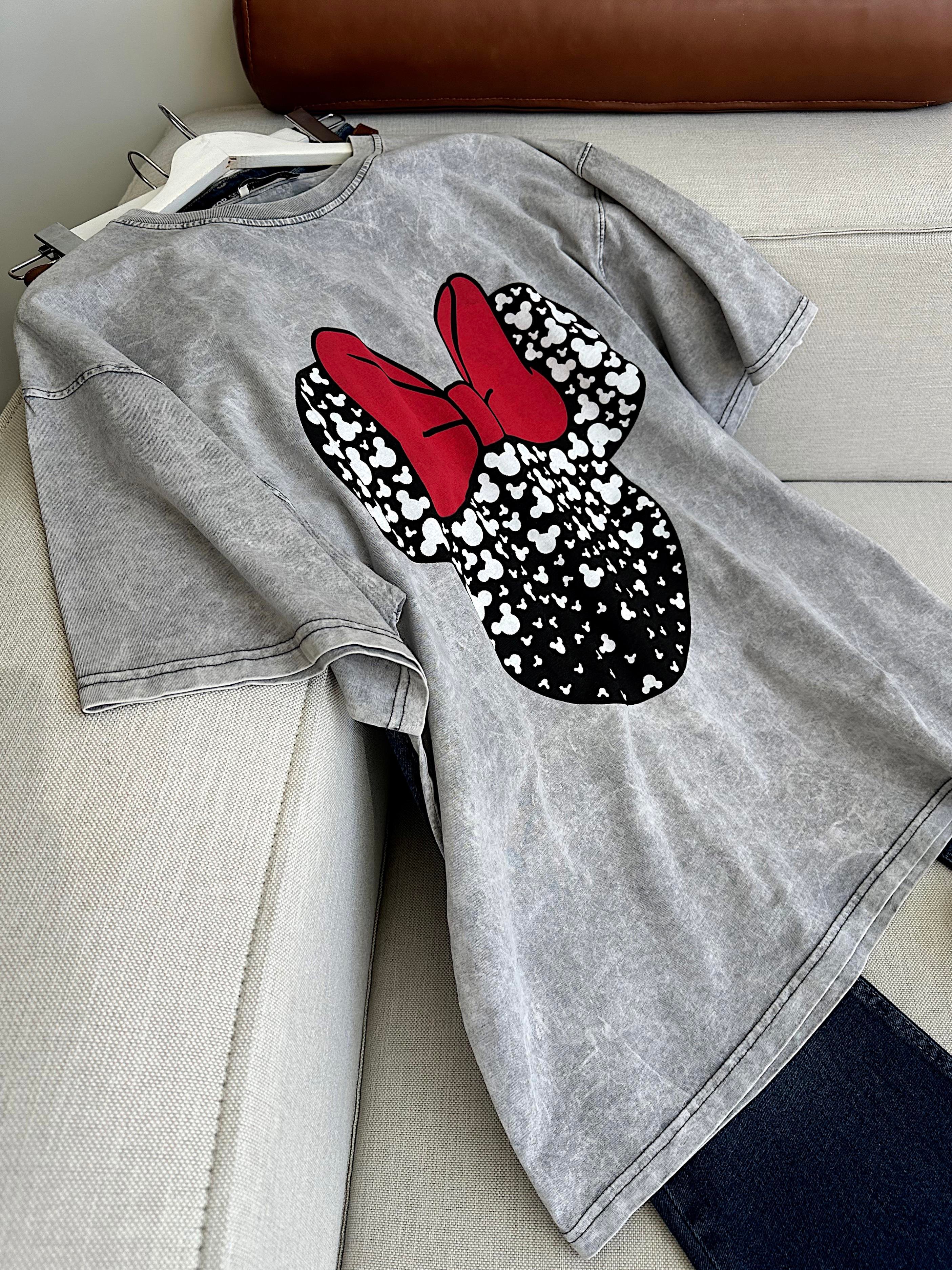 Yıkamalı Gri Minnie Mouse Baskılı Tişört