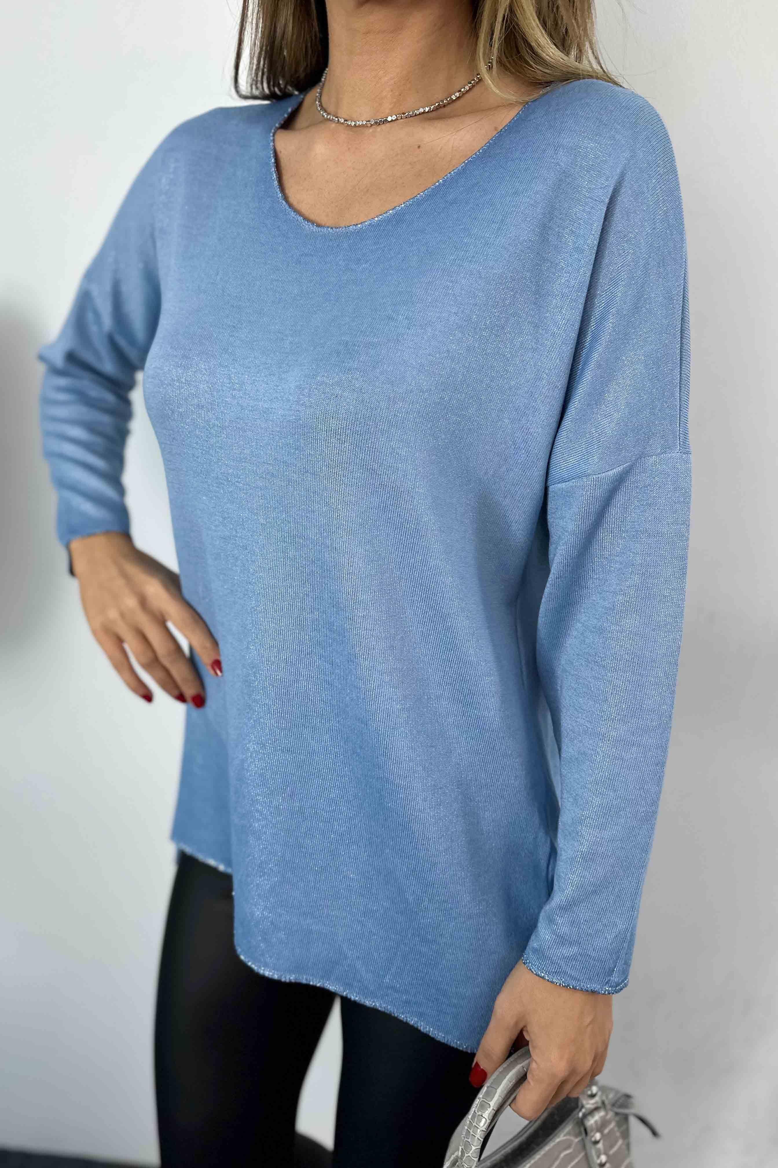 Yıkamalı Simli Bluz Bebe Mavisi