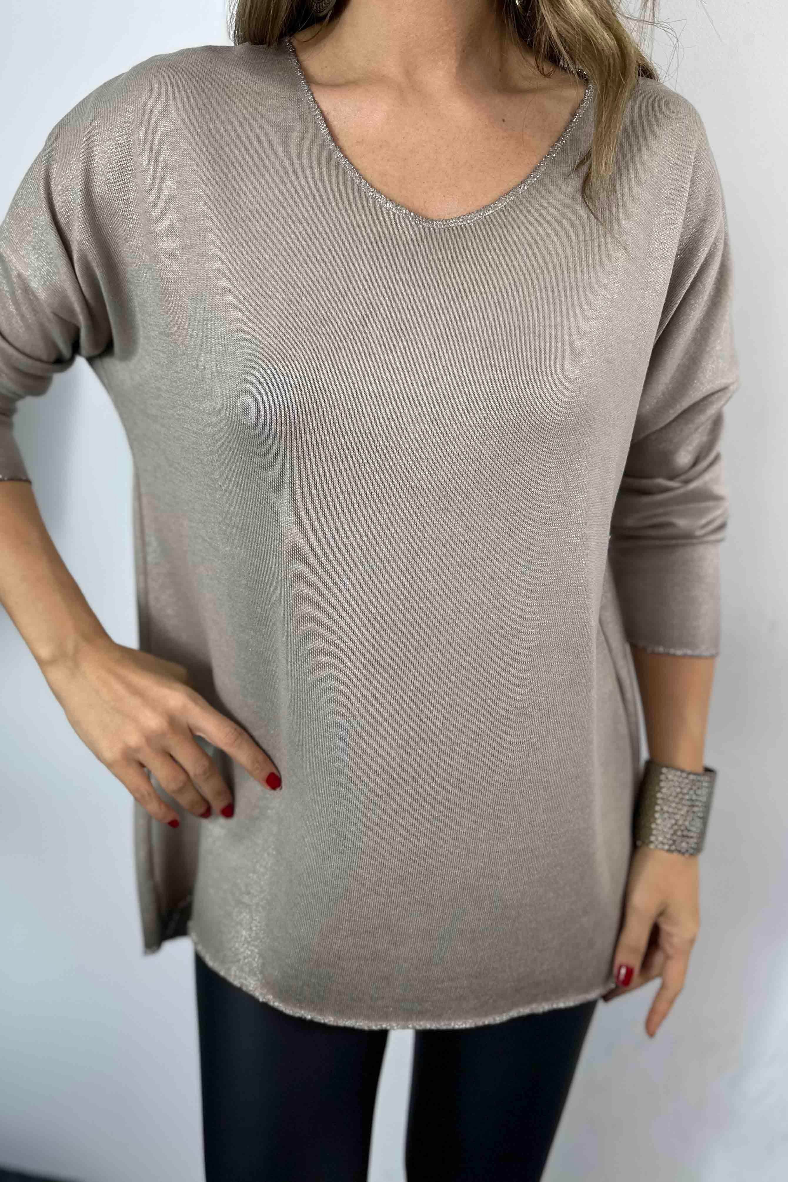 Yıkamalı Simli Bluz Vizon