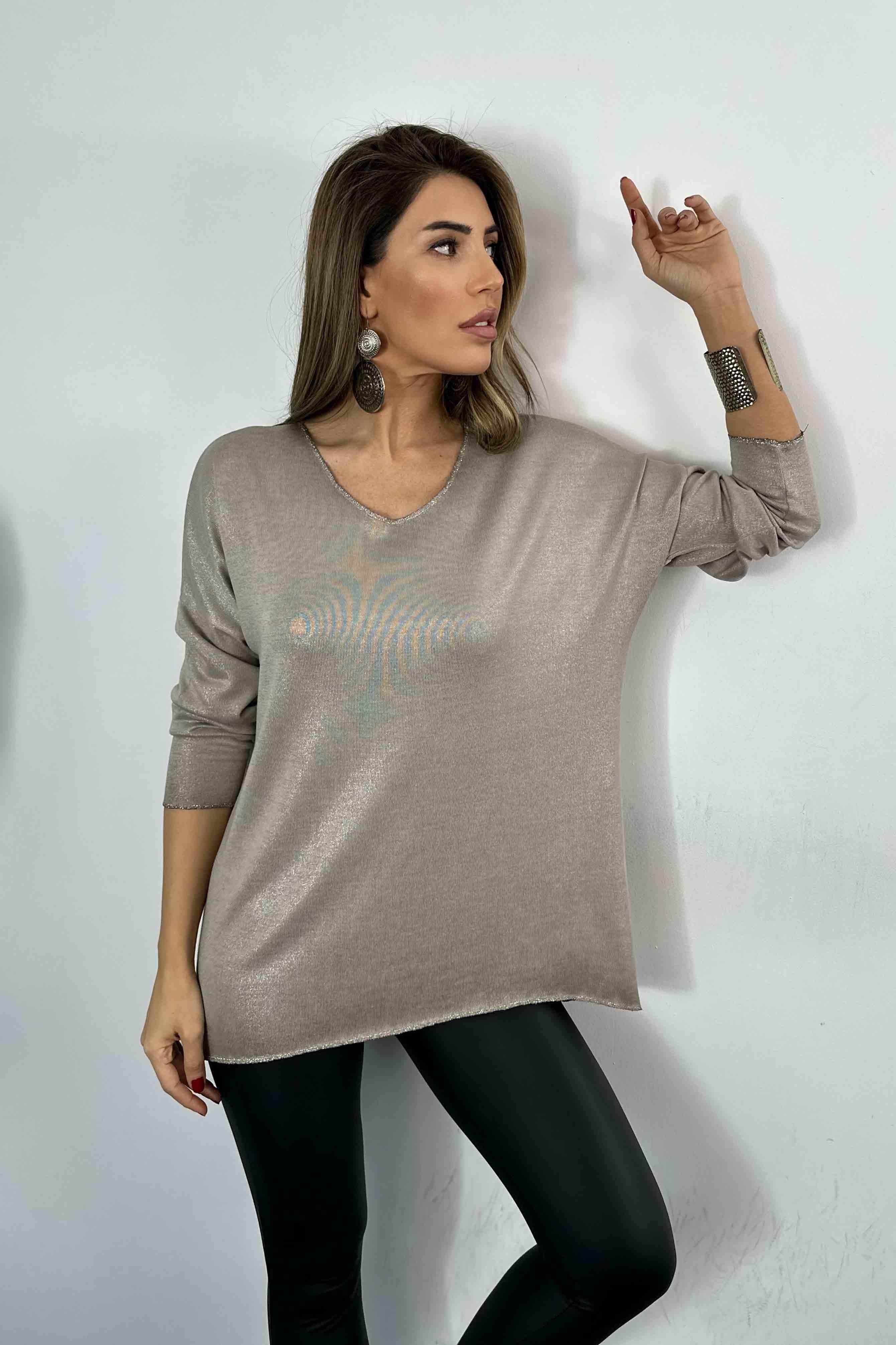 Yıkamalı Simli Bluz Vizon