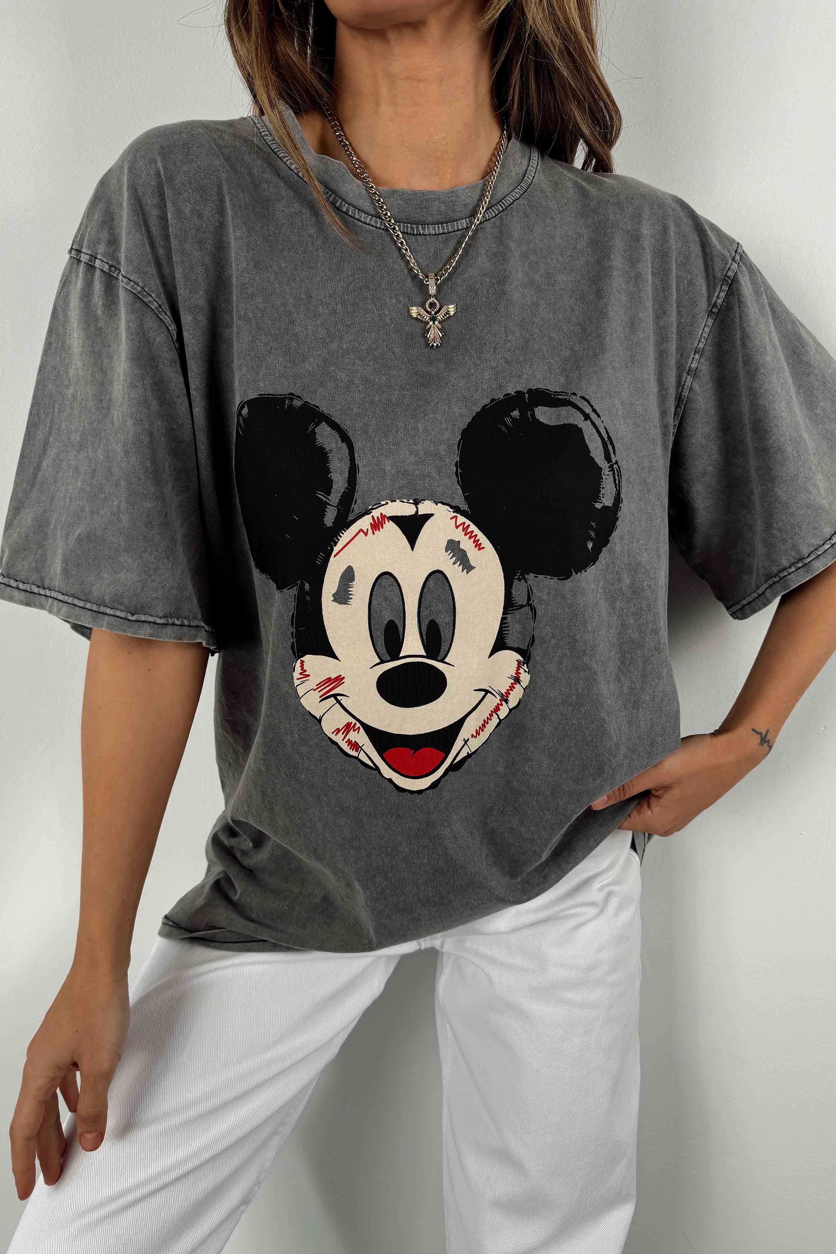 Yıkamalı Tasarım Mickey Baskılı Oversize Kadın Tişört Antrasit