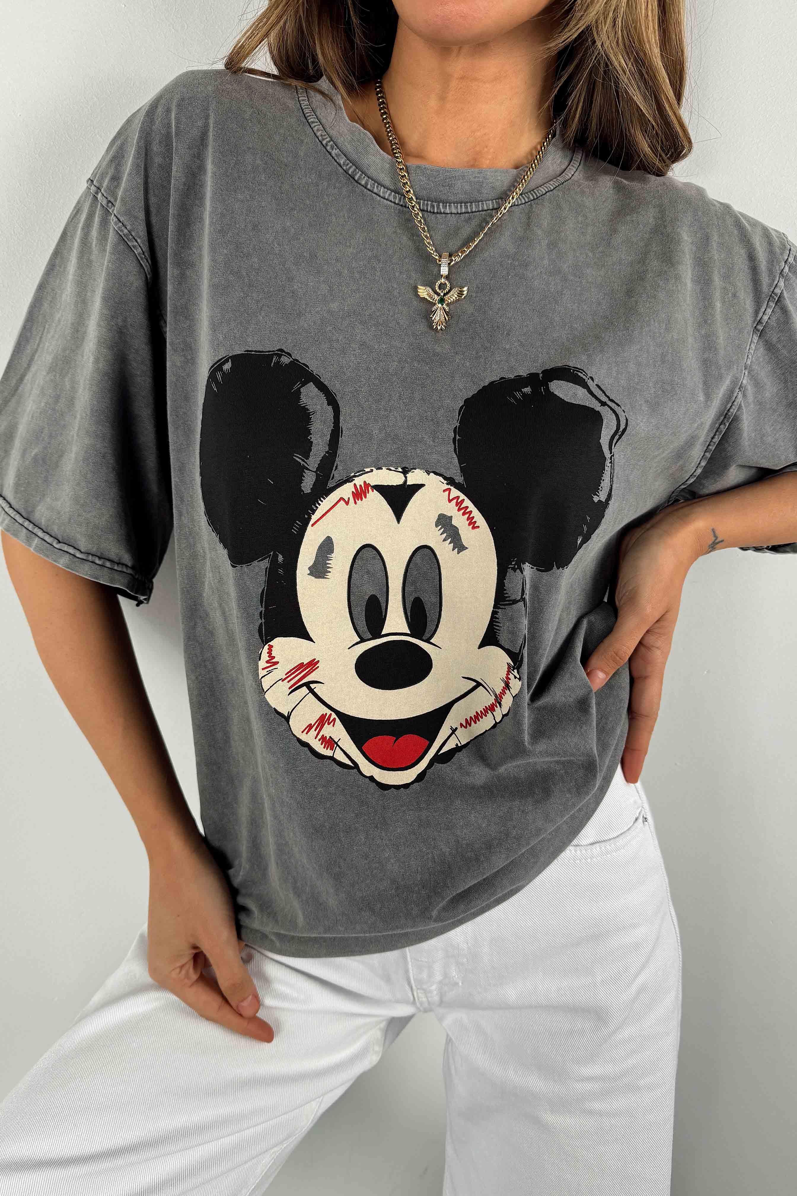 Yıkamalı Tasarım Mickey Baskılı Oversize Kadın Tişört Antrasit