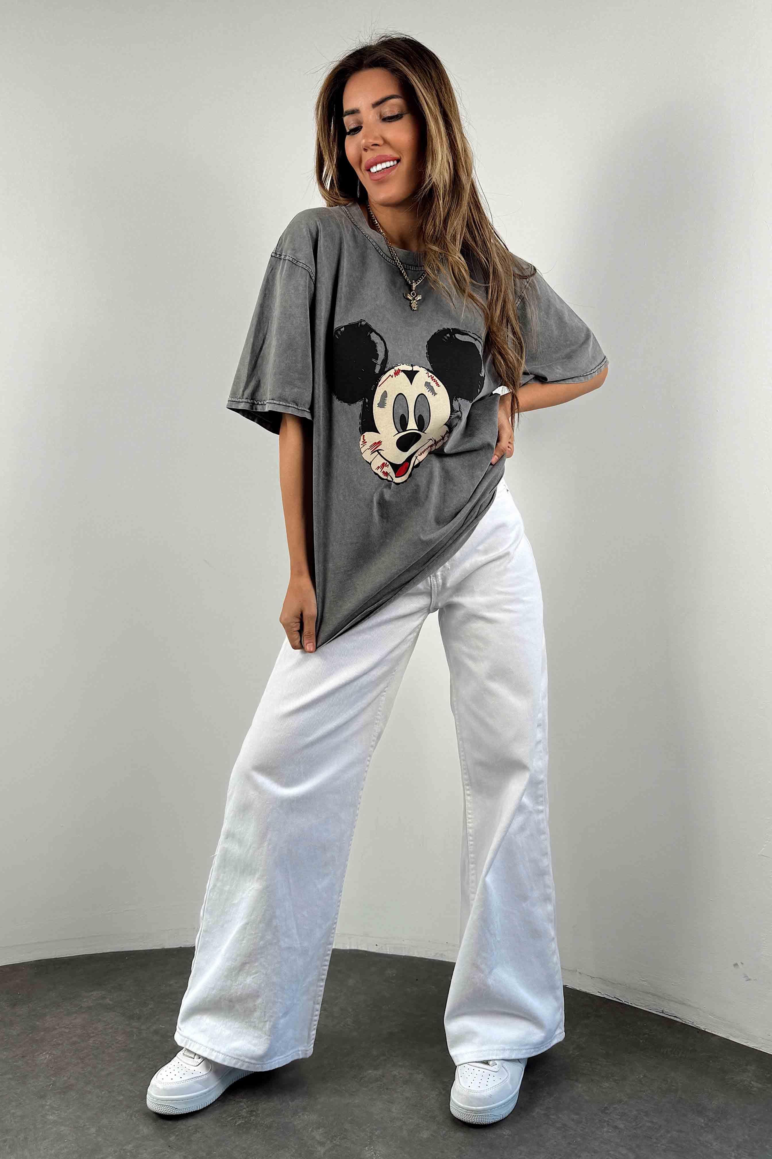 Yıkamalı Tasarım Mickey Baskılı Oversize Kadın Tişört Antrasit