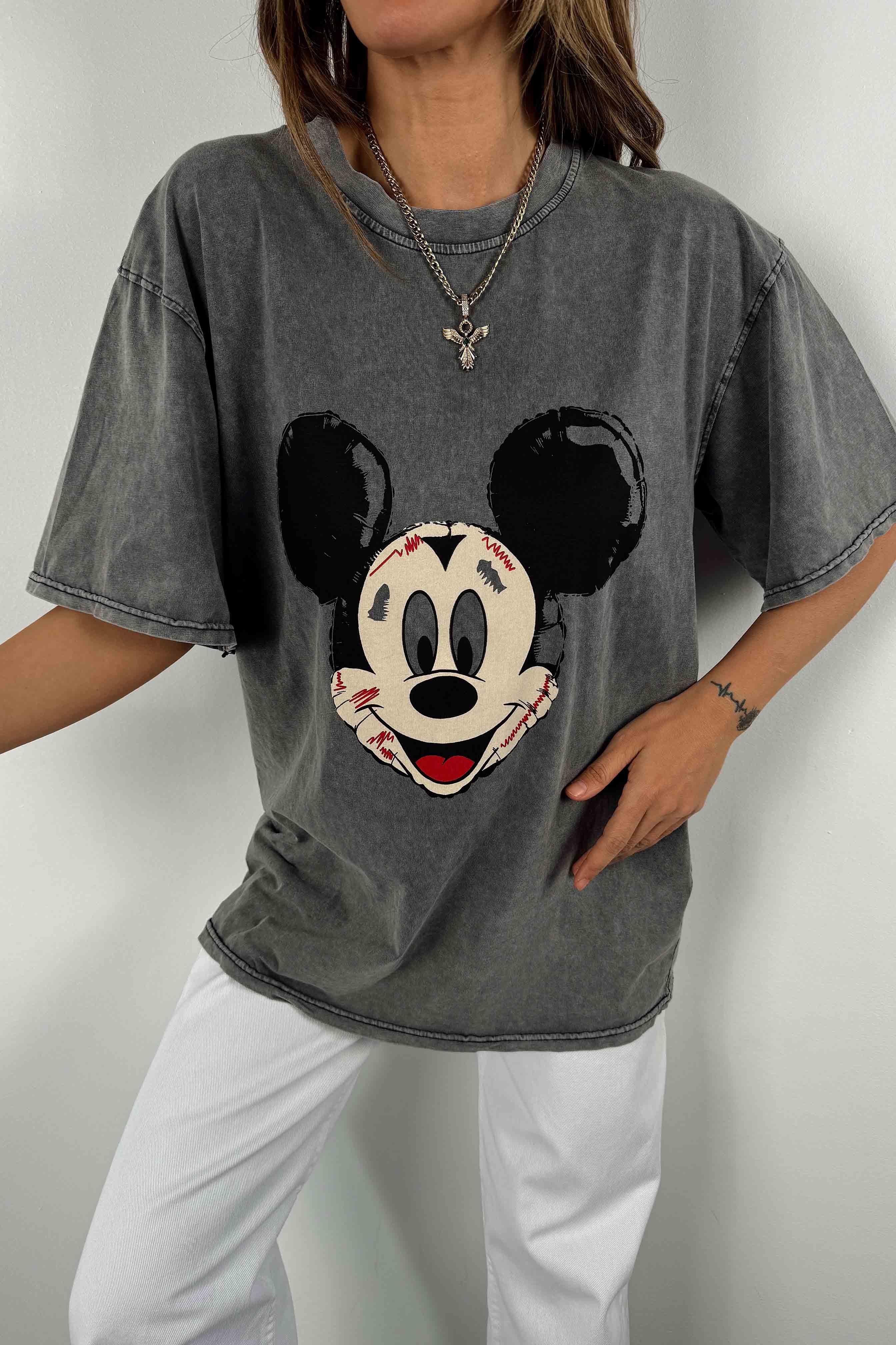Yıkamalı Tasarım Mickey Baskılı Oversize Kadın Tişört Antrasit