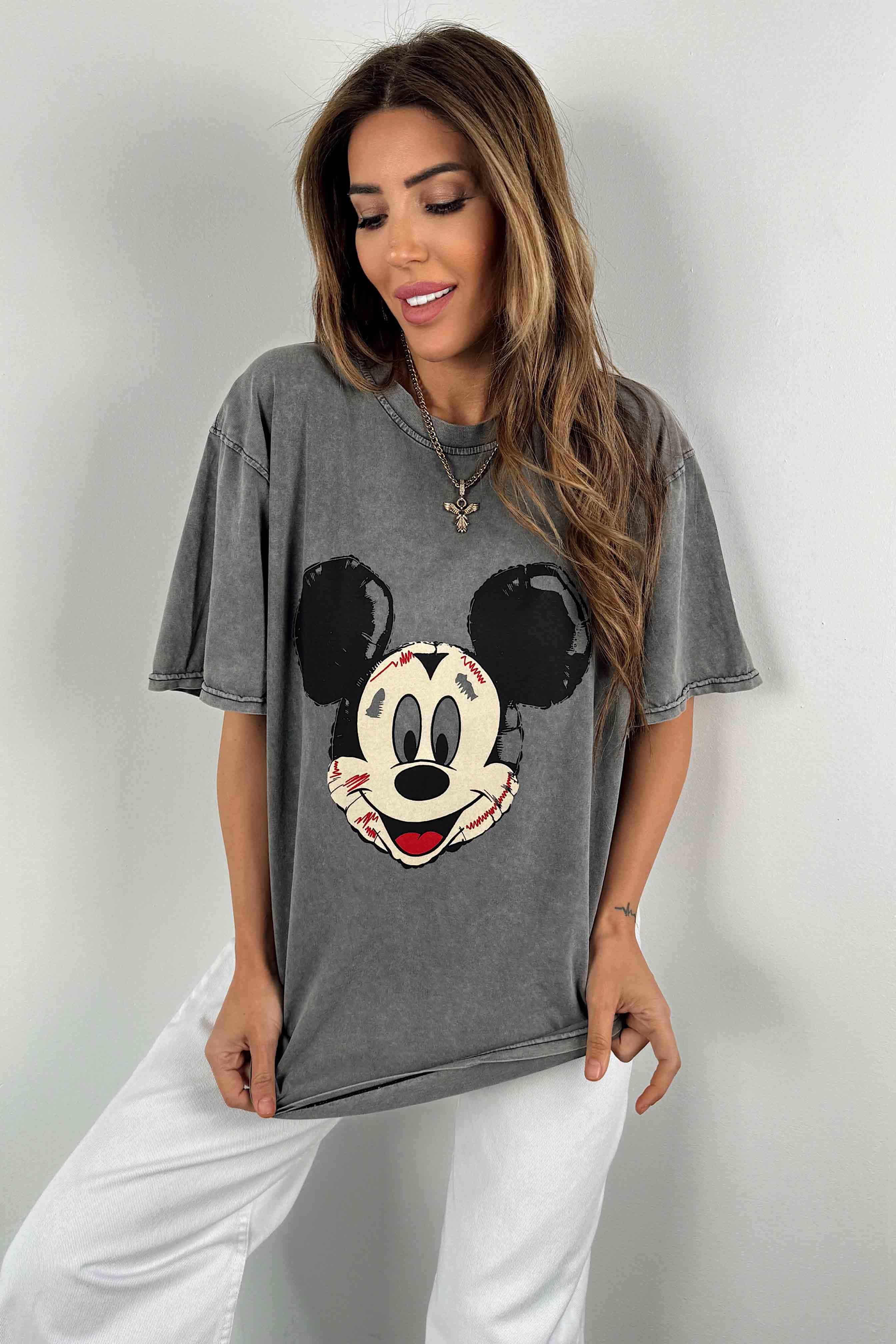 Yıkamalı Tasarım Mickey Baskılı Oversize Kadın Tişört Antrasit