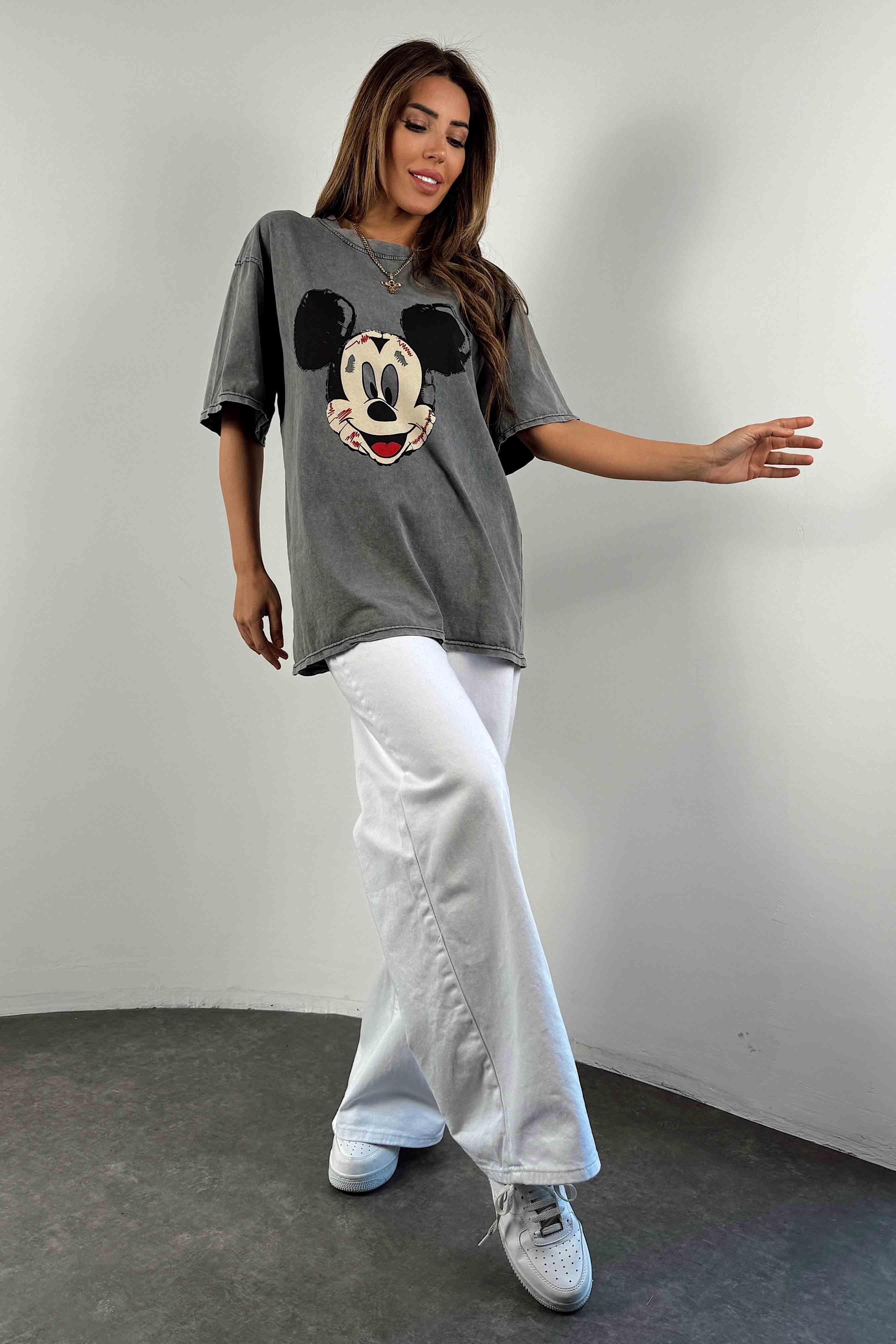 Yıkamalı Tasarım Mickey Baskılı Oversize Kadın Tişört Antrasit