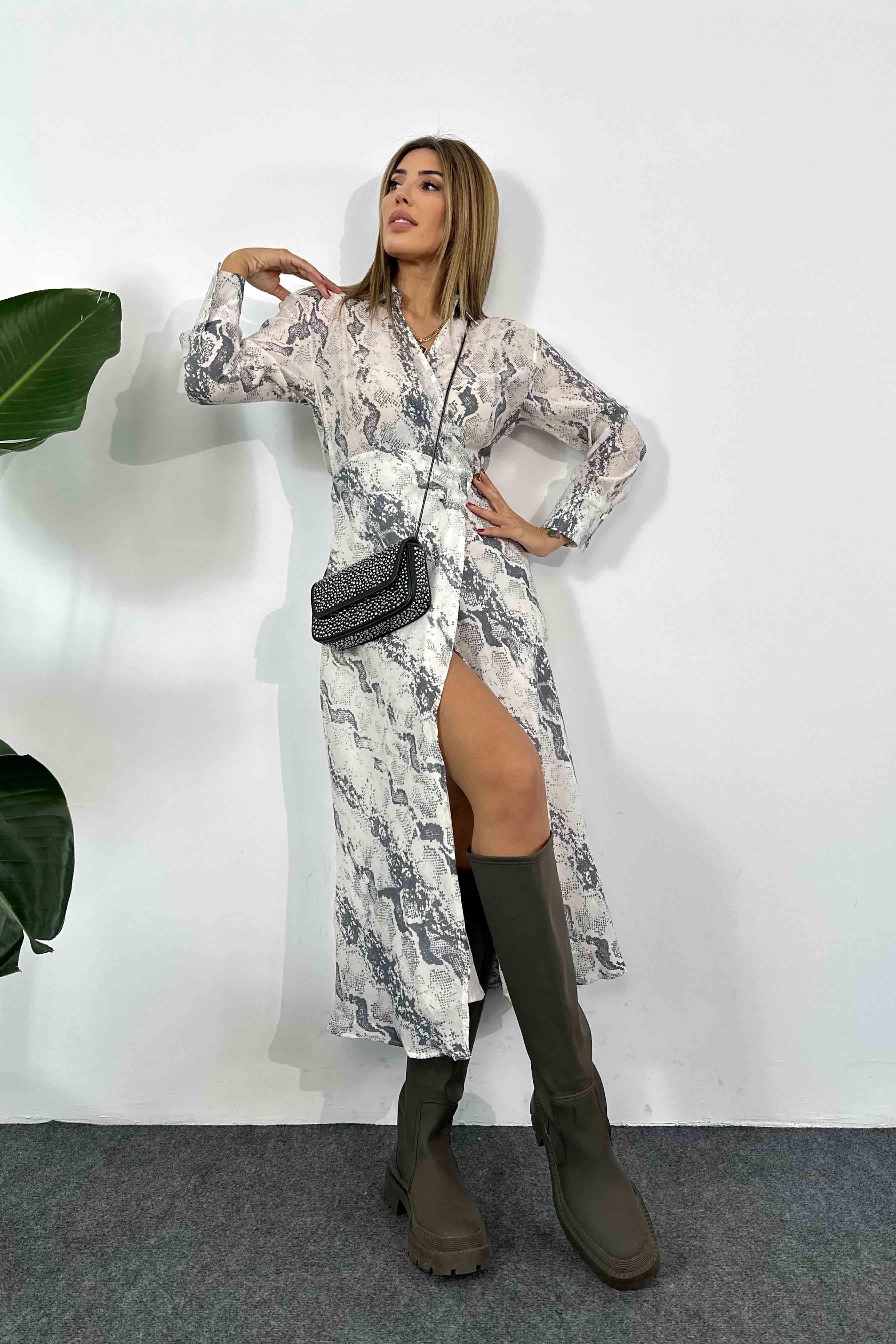 Yılan Desenli Anvelop Model Yarım Astarlı Elbise Ekru