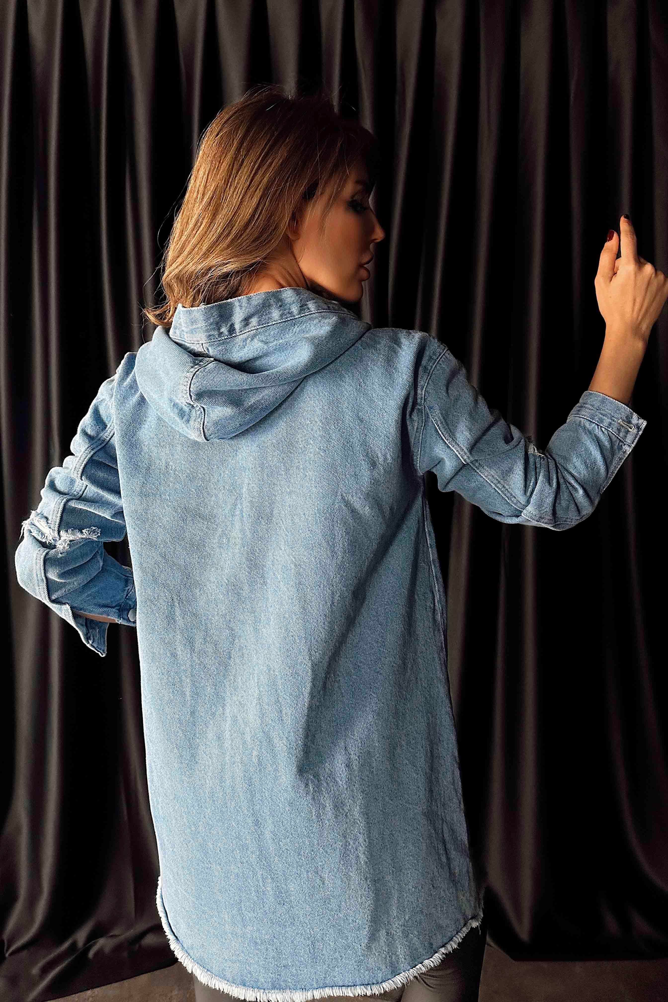 Yırtık Detaylı Kapüşonlu Jean Ceket Mavi