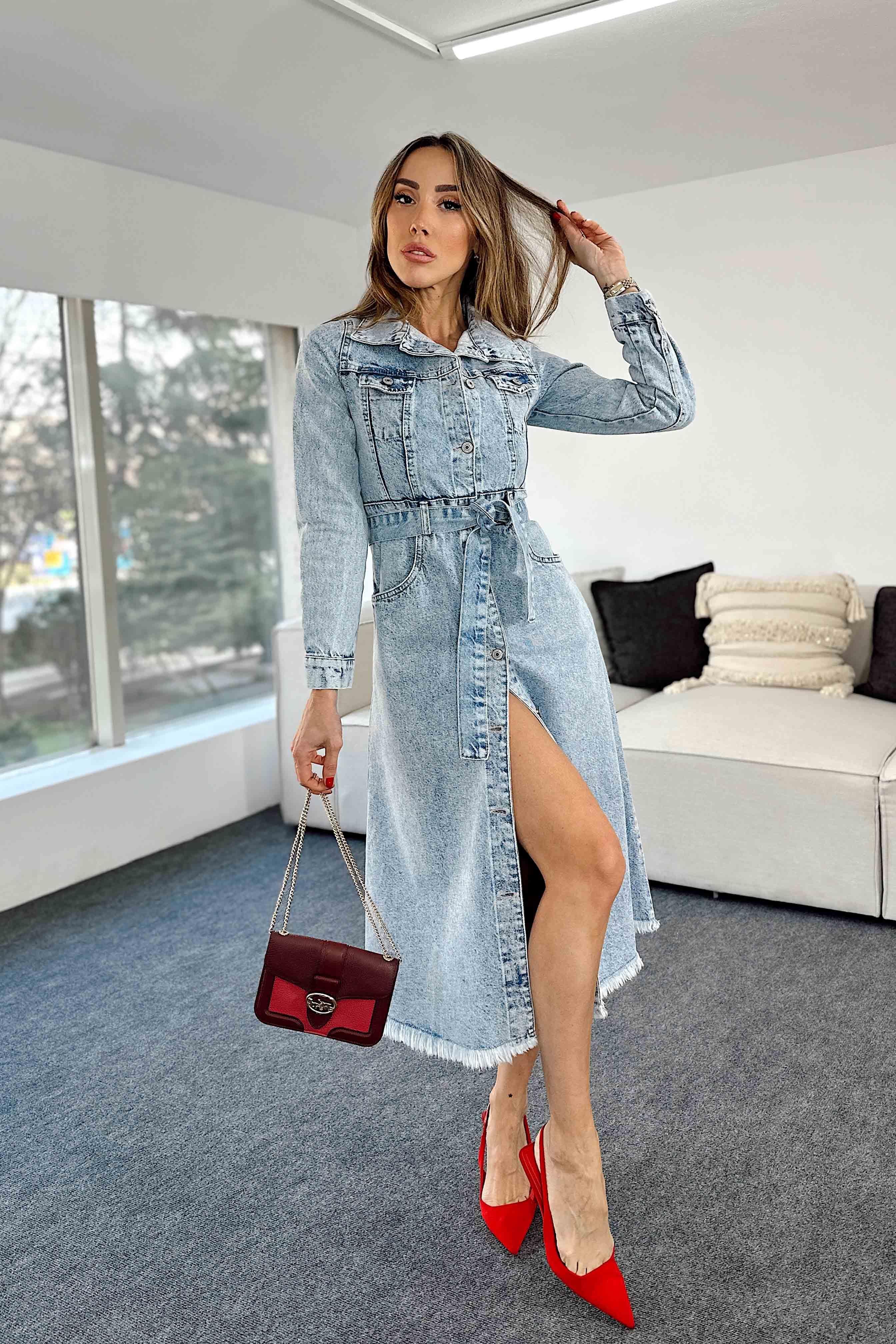 Yırtmaç Detaylı Denim Elbise Mavi