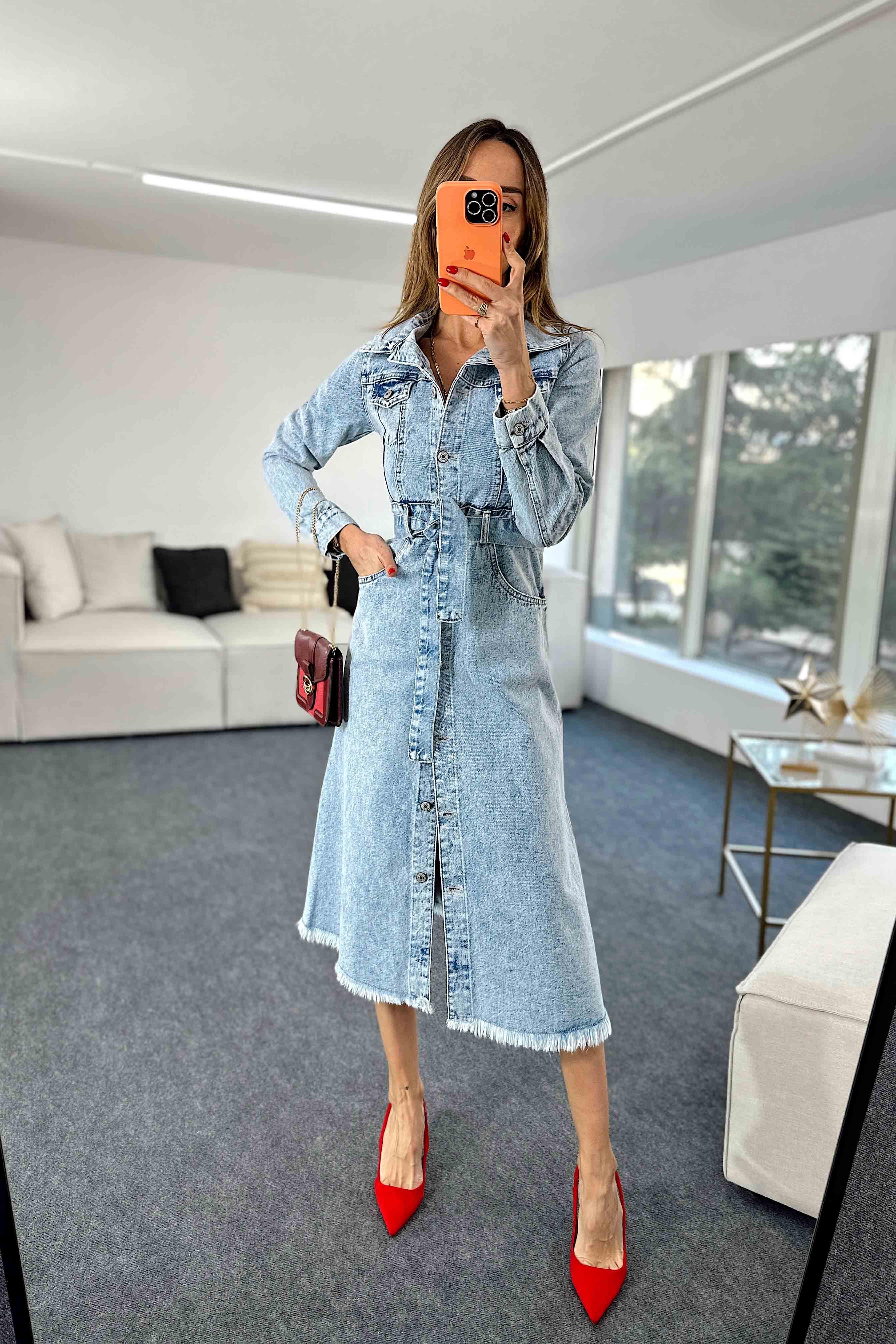Yırtmaç Detaylı Denim Elbise Mavi