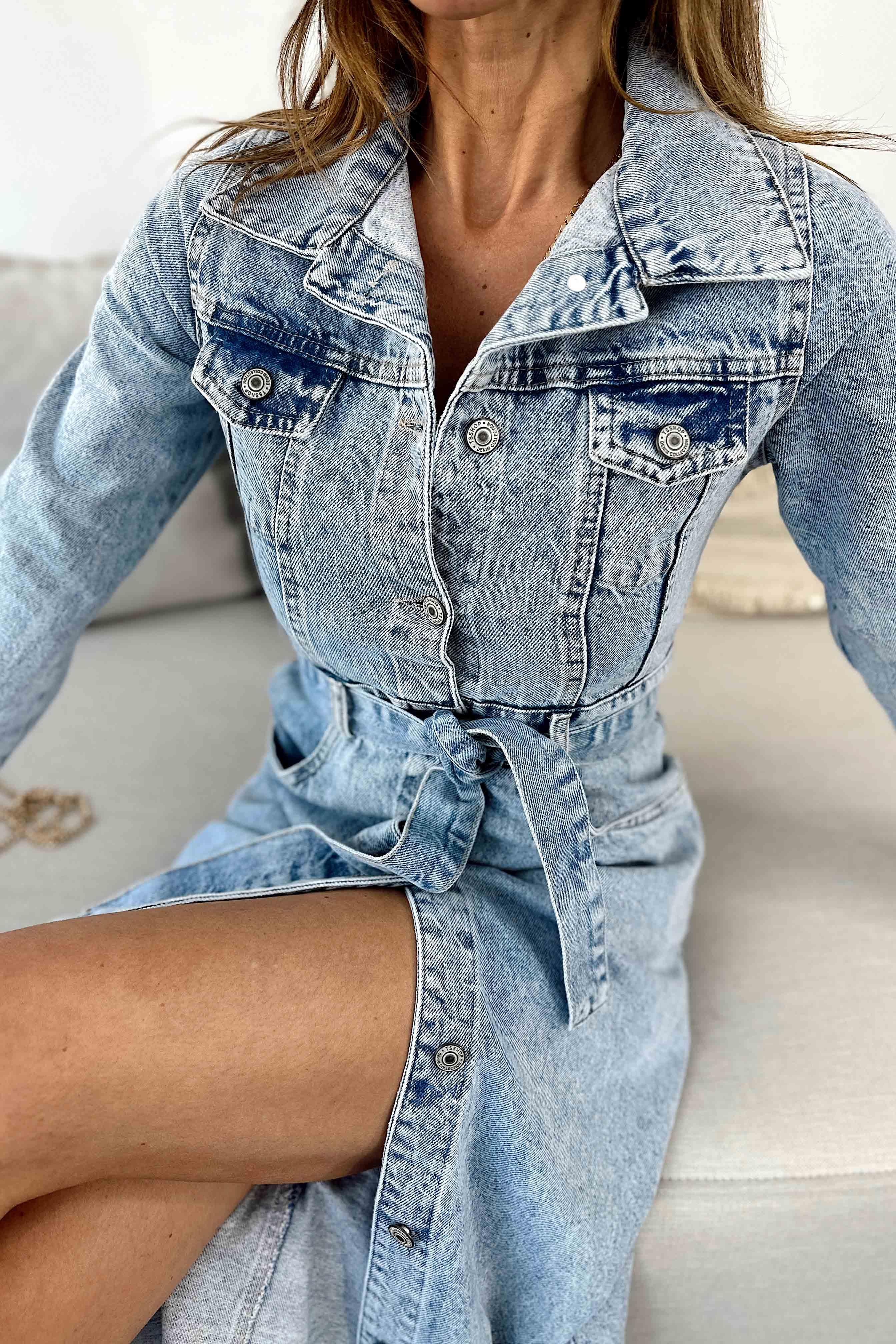 Yırtmaç Detaylı Denim Elbise Mavi