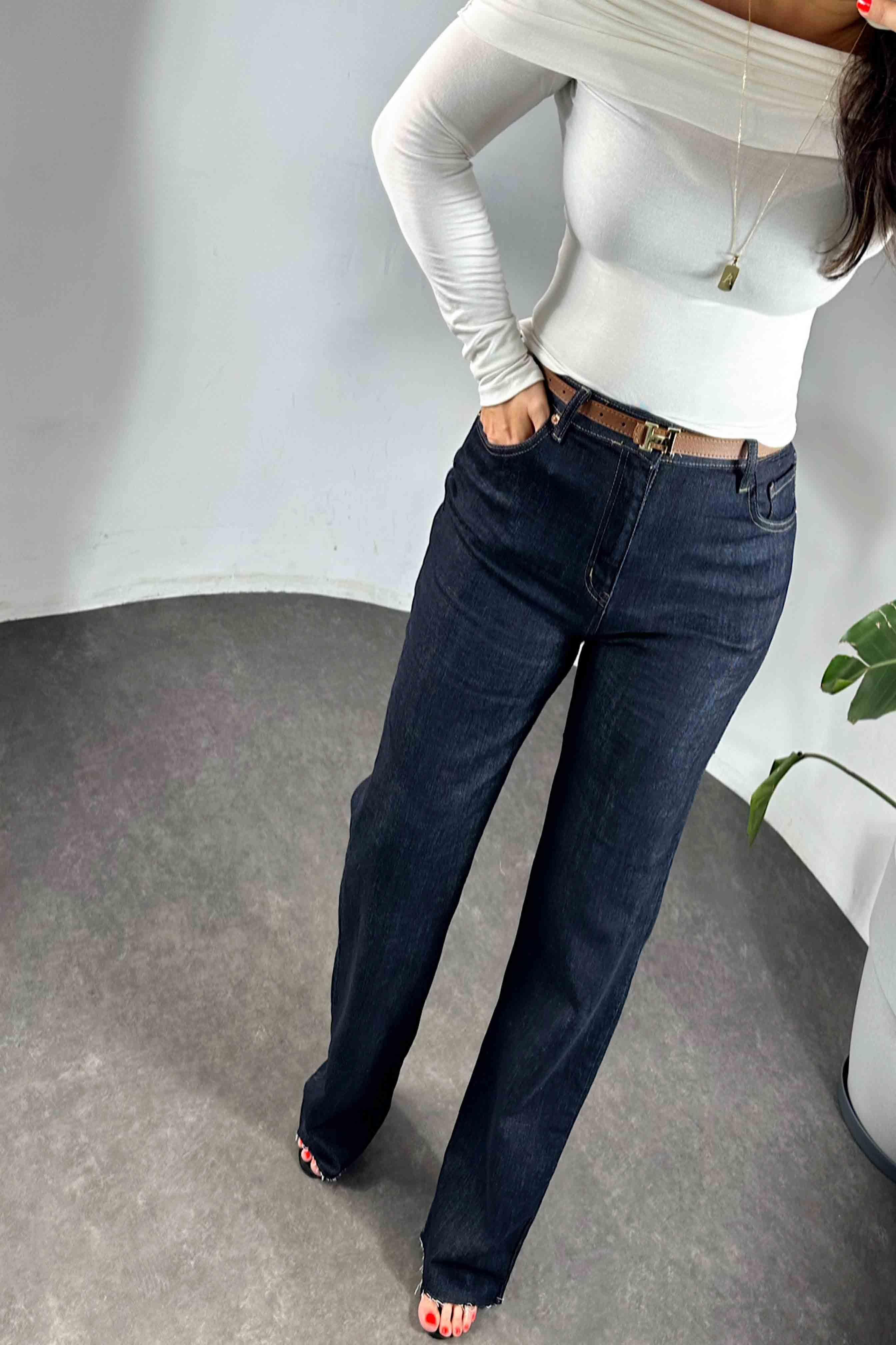 Yüksek Bel Boyfit Jean Kadın Pantolon Koyu Mavi