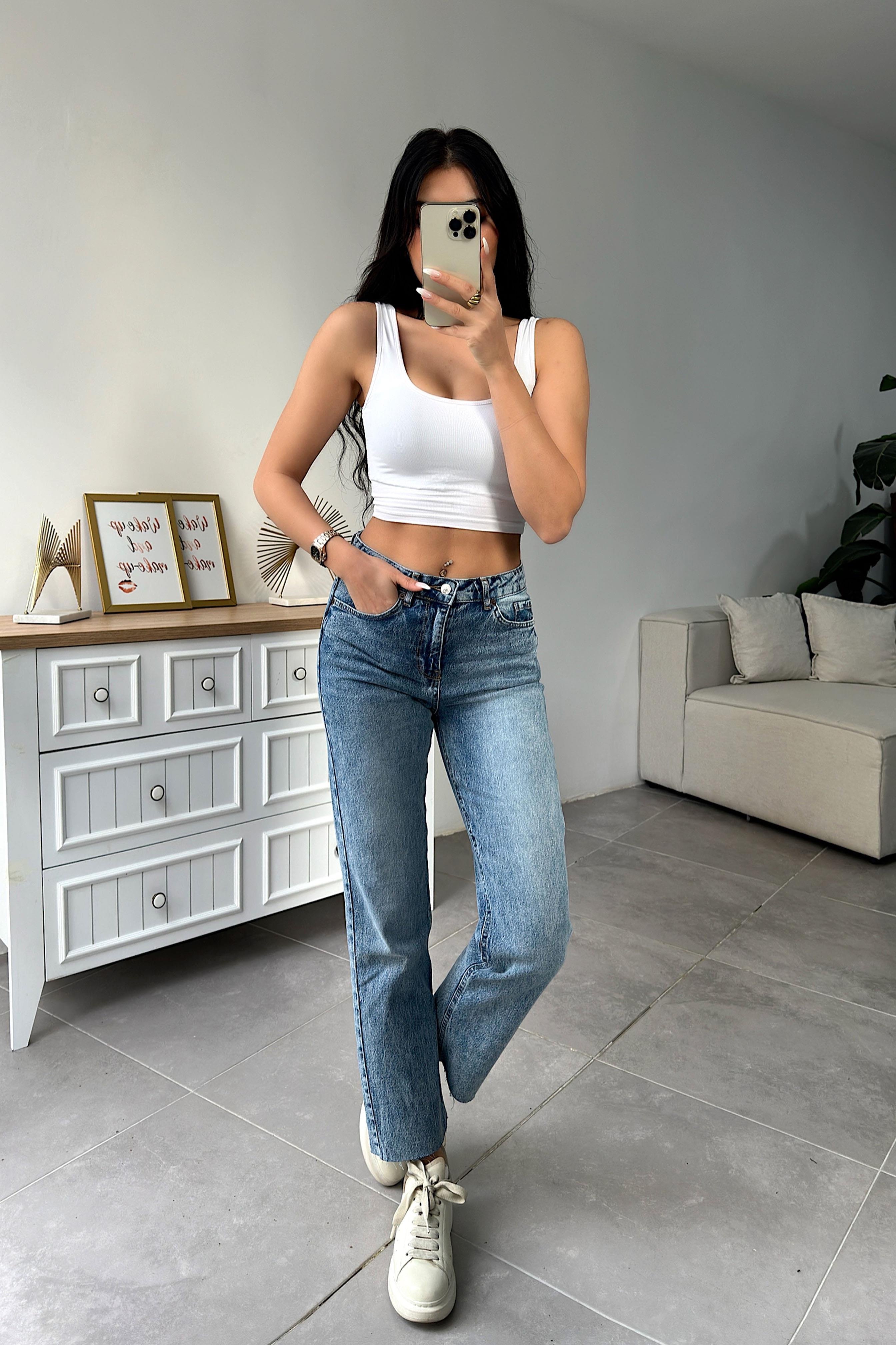 Yüksek Bel Boyfriend Jean Pantolon Mavi