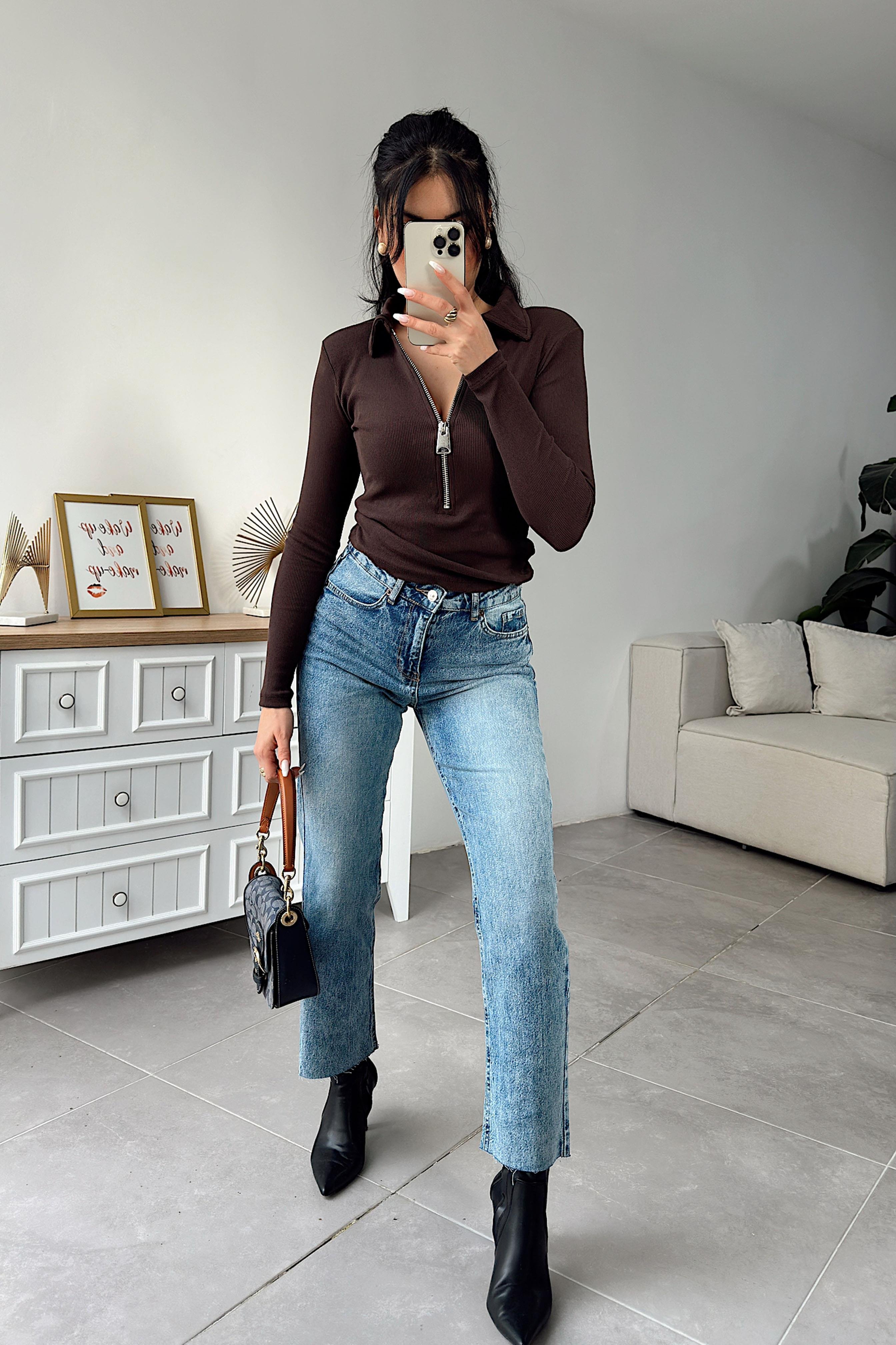 Yüksek Bel Boyfriend Jean Pantolon Mavi