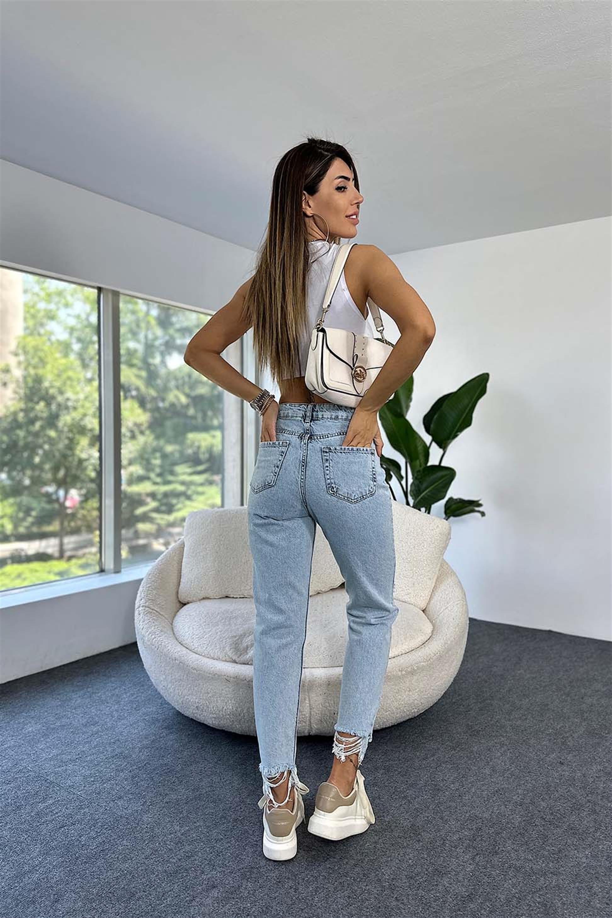 Yüksek Bel Boyfriend Paçası Yırtık Kar Yıkamalı Kadın Jean Pantolon Kar