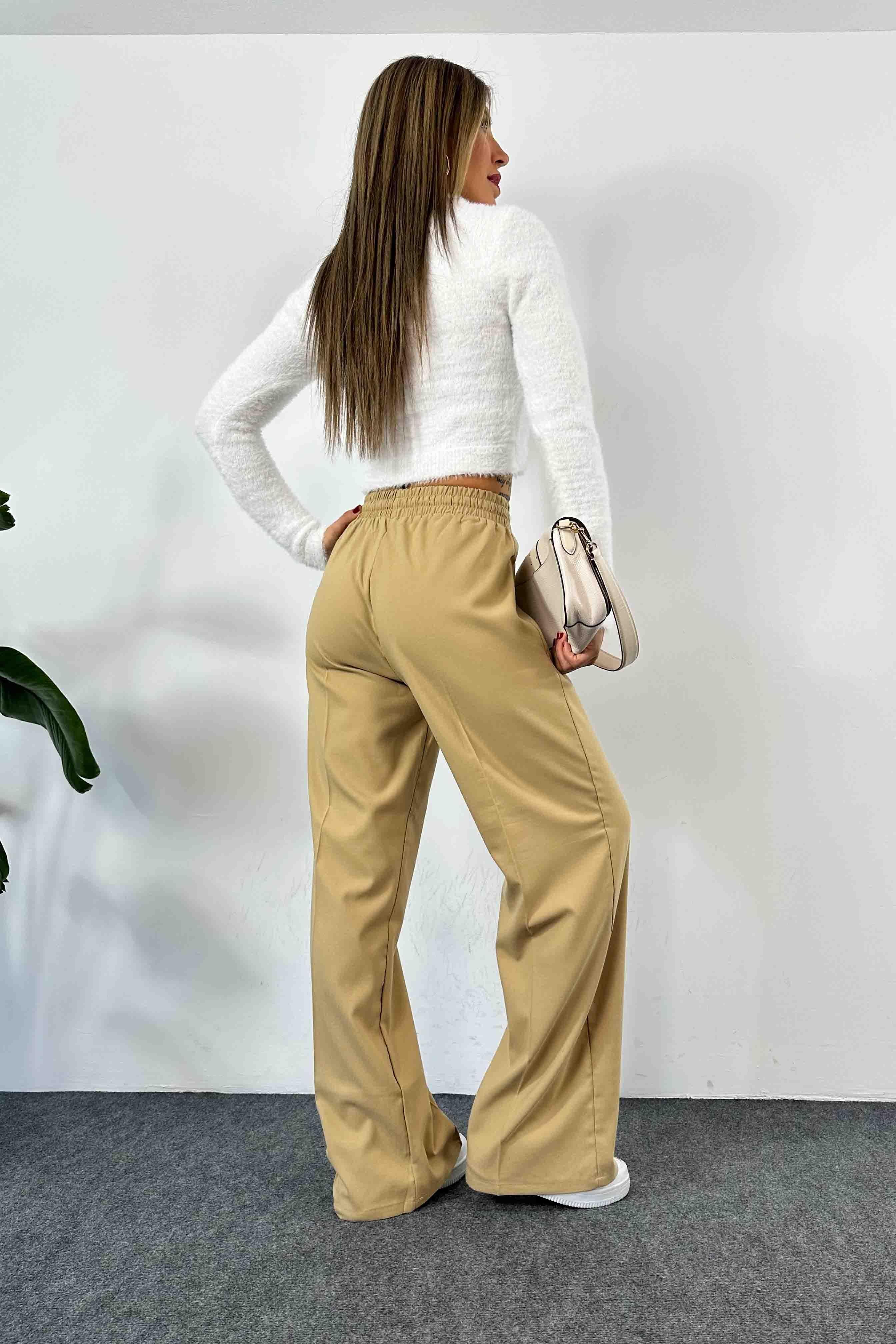 Yüksek Bel Çimalı Palazzo Kadın Pantolon Camel