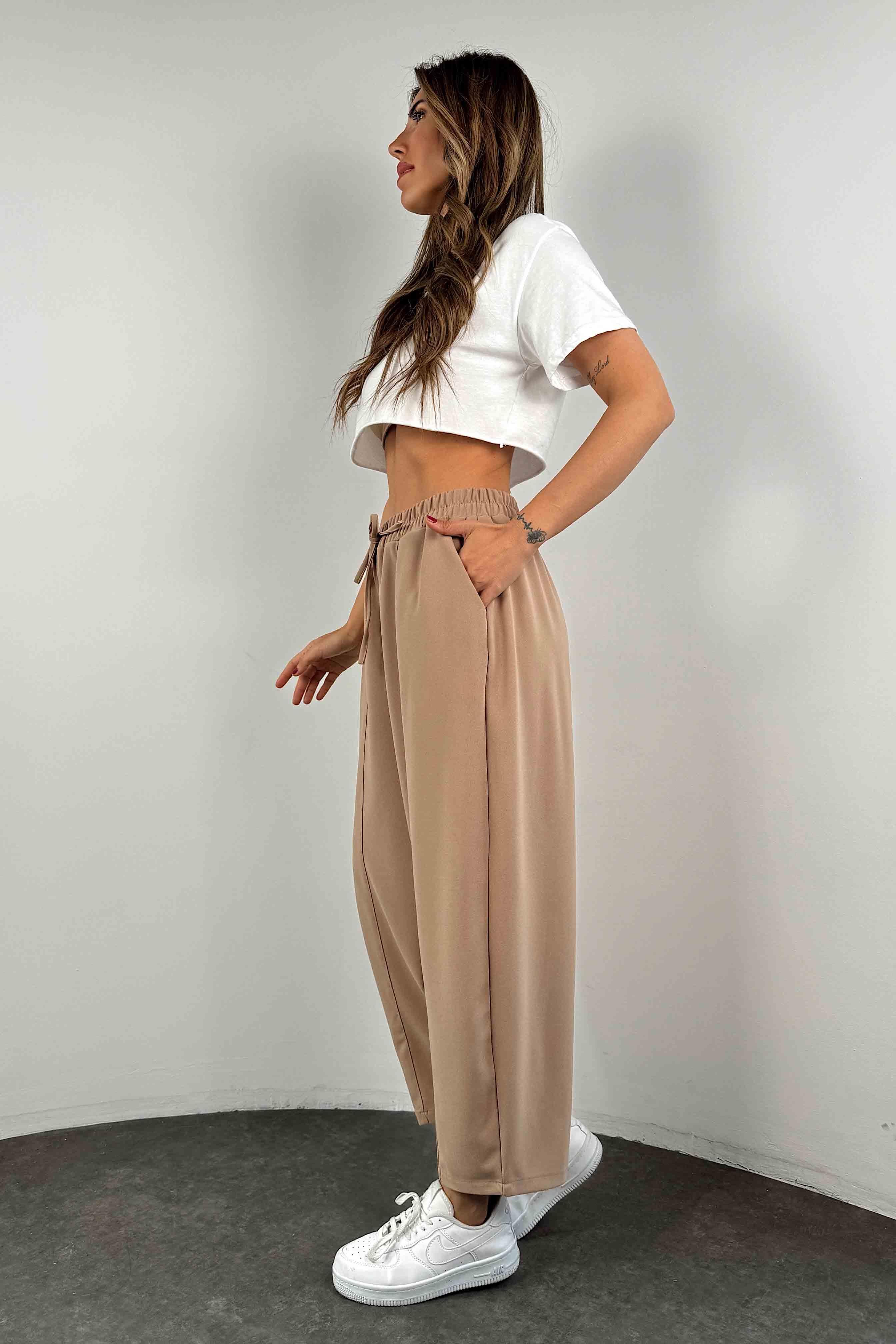 Yüksek Bel Çimalı Şalvar Pantolon Camel