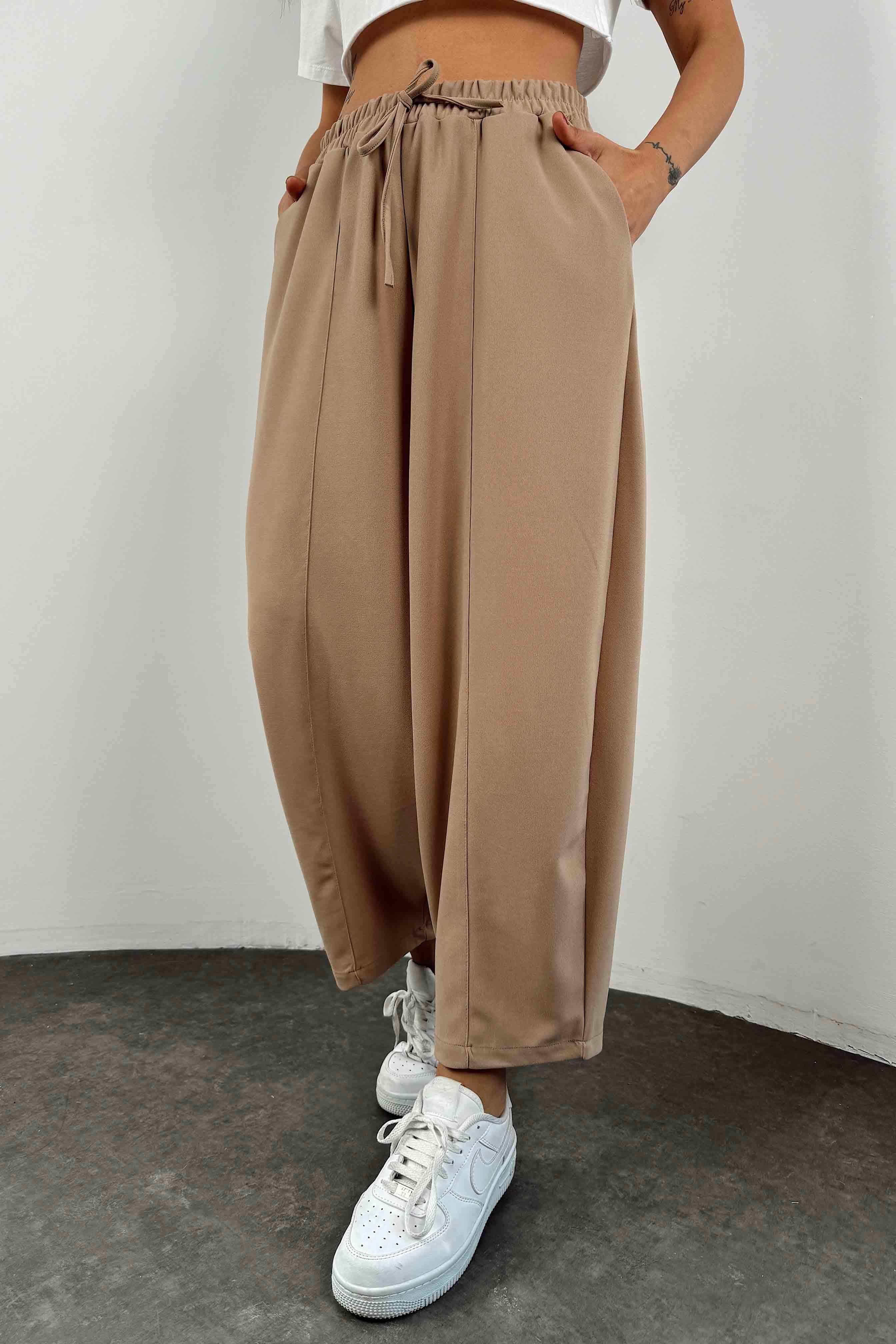 Yüksek Bel Çimalı Şalvar Pantolon Camel