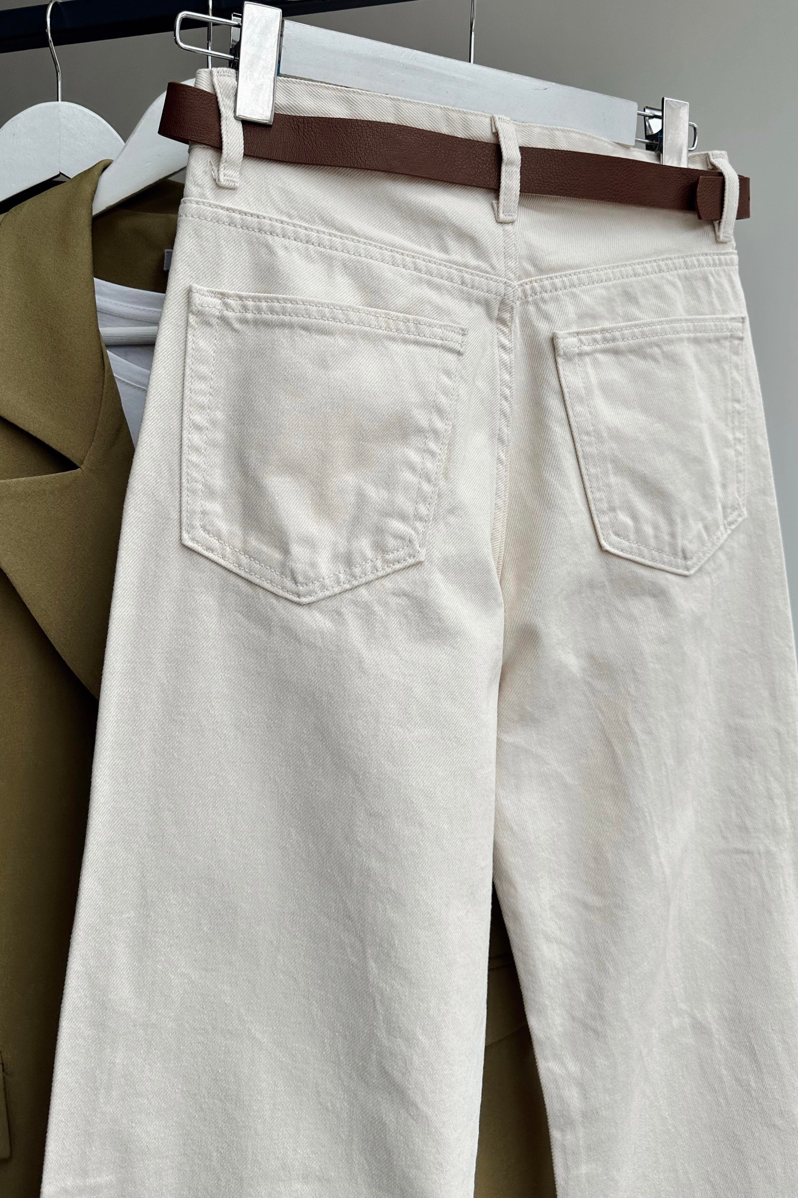 Yüksek Bel Flare Jean Pantolon Krem