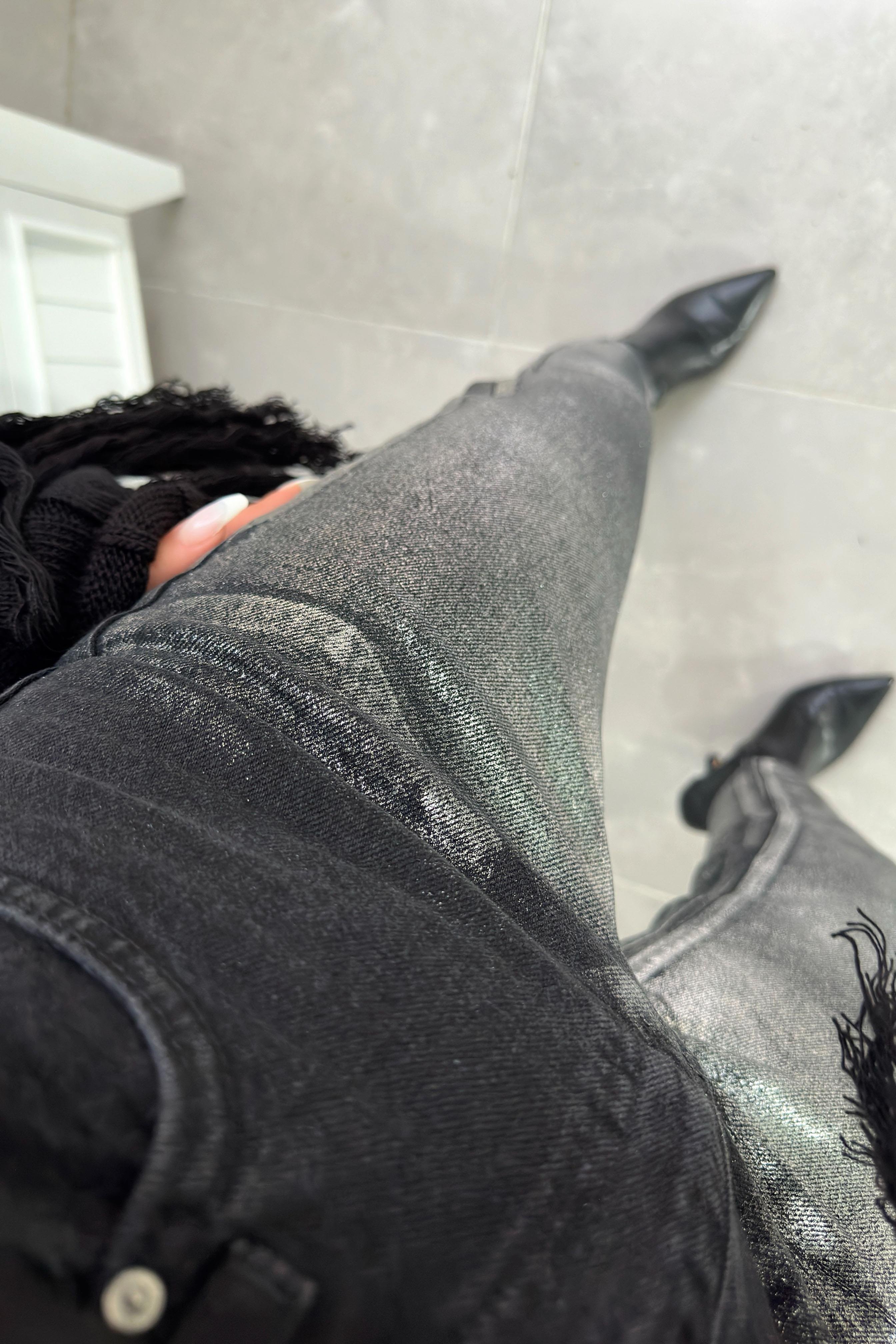 Yüksek Bel Gümüş Varaklı Jean Pantolon Siyah