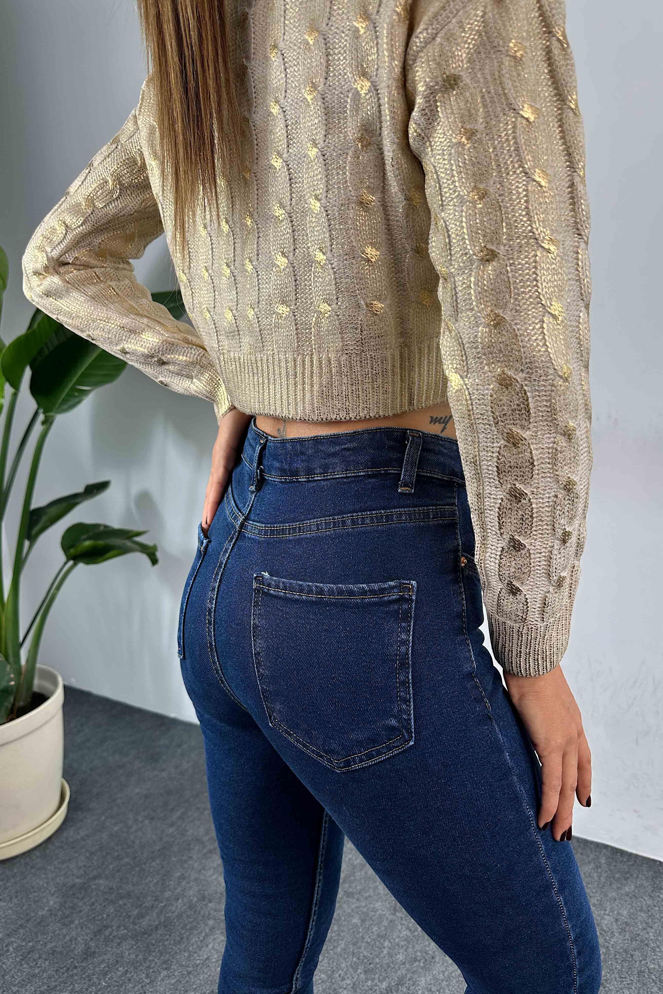 Yüksek Bel Kadın Slim Fit Jean Pantolon Koyu Mavi
