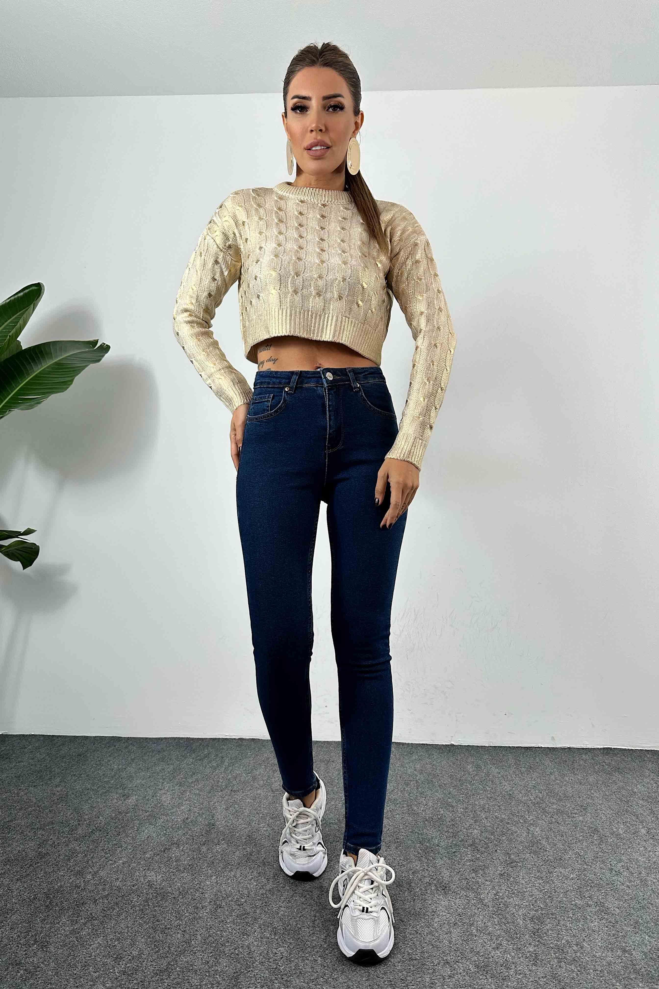 Yüksek Bel Kadın Slim Fit Jean Pantolon Koyu Mavi