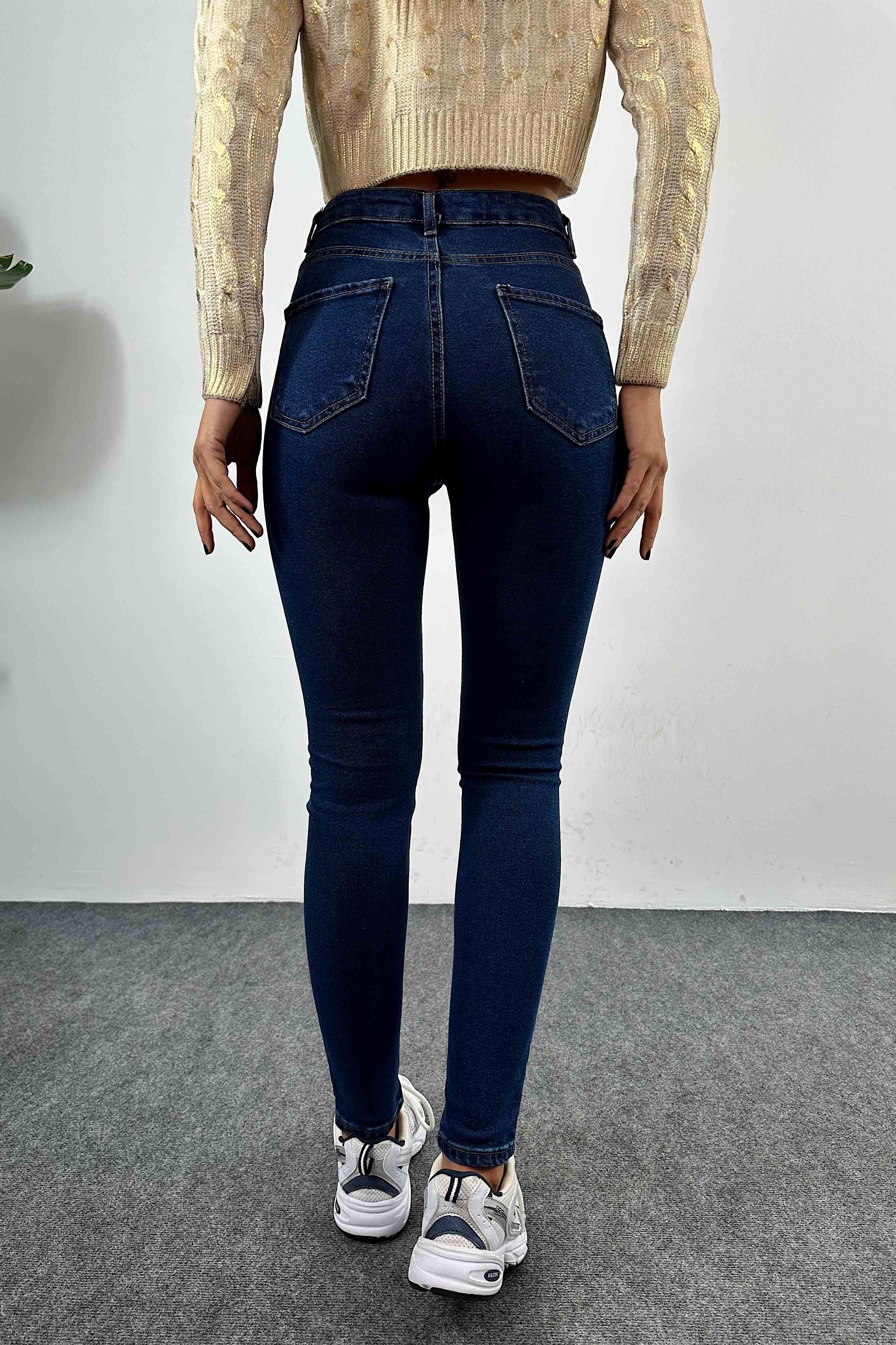 Yüksek Bel Kadın Slim Fit Jean Pantolon Koyu Mavi